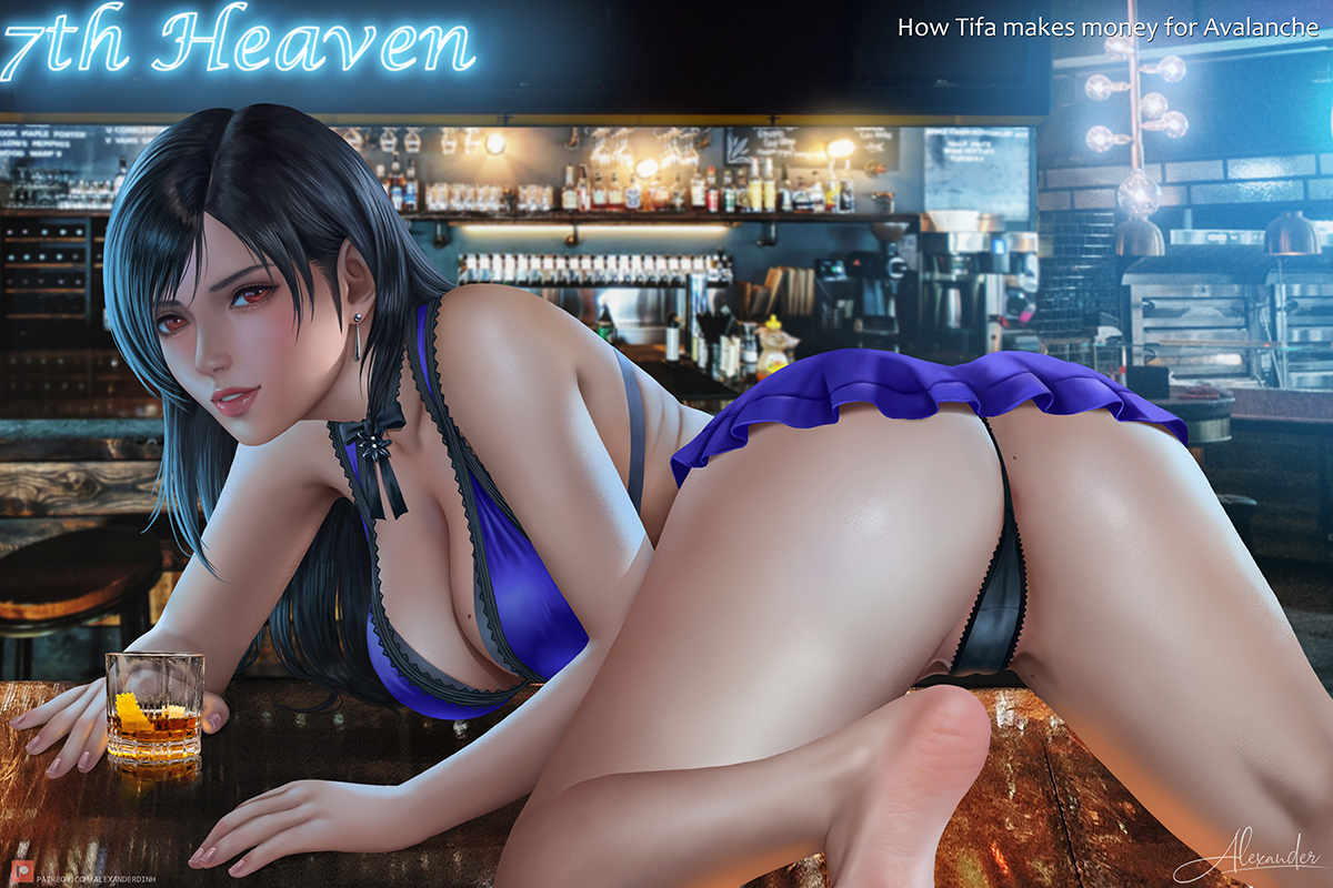 alexander dinh, ass, big ass, big breasts, black thong, blue dress, blush, breasts, dress, female, final fantasy, final fantasy vii, final fantasy vii remake, solo, solo female, thong, tifa lockhart, tifa lockhart (refined dress)