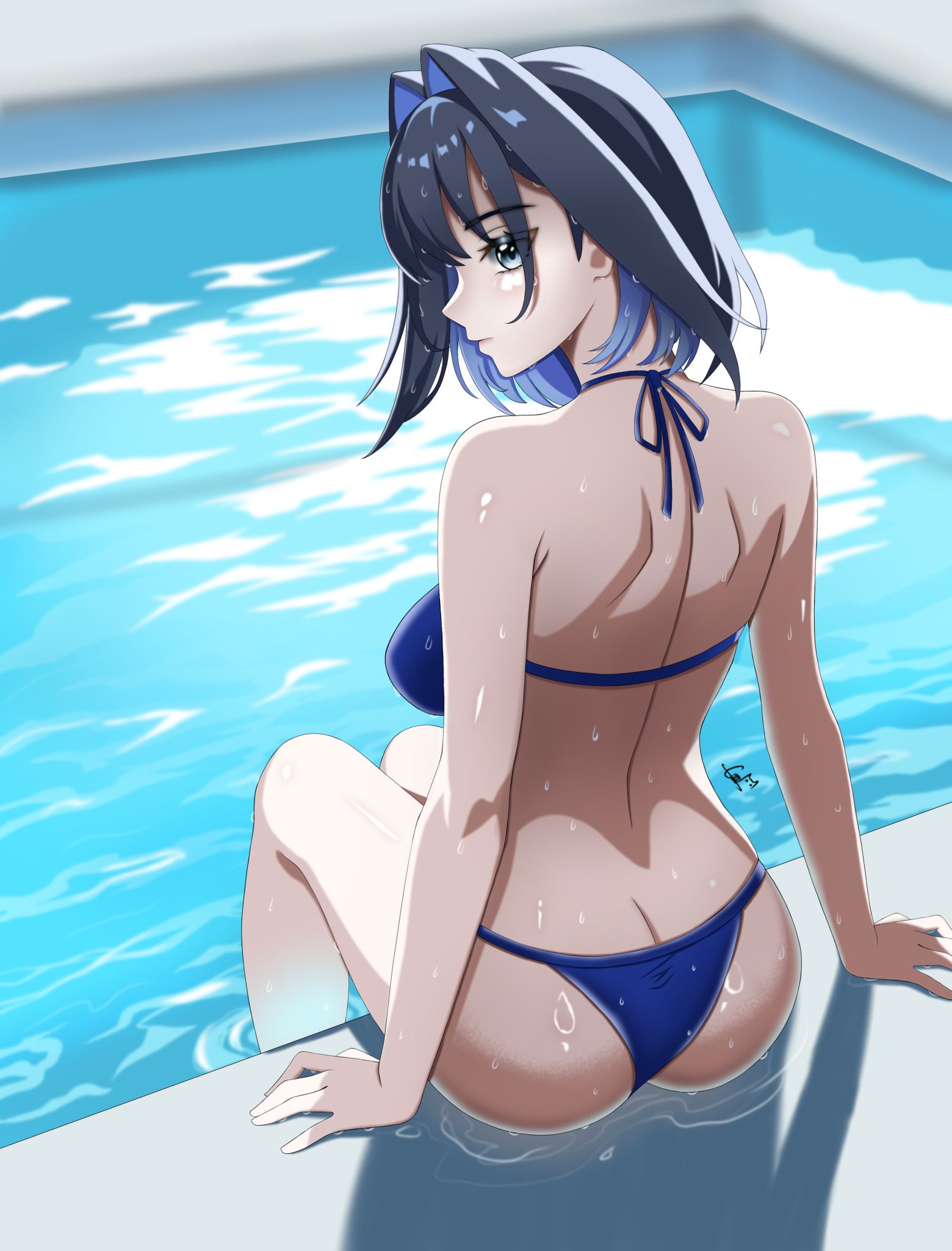 ass, ass focus, bikini, blue bikini, blue hair, female, hololive, hololive english, hololive english -council-, hololive english -promise-, lgc cat, ouro kronii, pool, poolside, virtual youtuber, wet