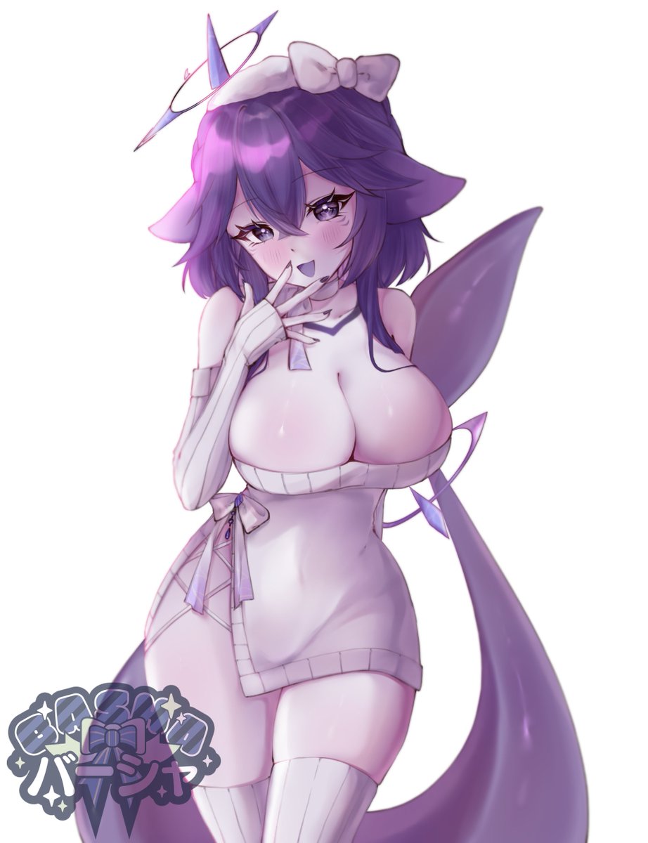 2d, artist request, ass, bare ass, bare shoulders, bare skin, bare thighs, big ass, big breasts, blush, breasts, collarbone, female, fox ears, halo, megalodon (vtuber), pale skin, purple eyes, purple hair, purple mouth, shark girl, shark tail, short hair, stockings, tagme, thighhighs, twitch, virtual youtuber, vtuber, white bow, white collar, white dress