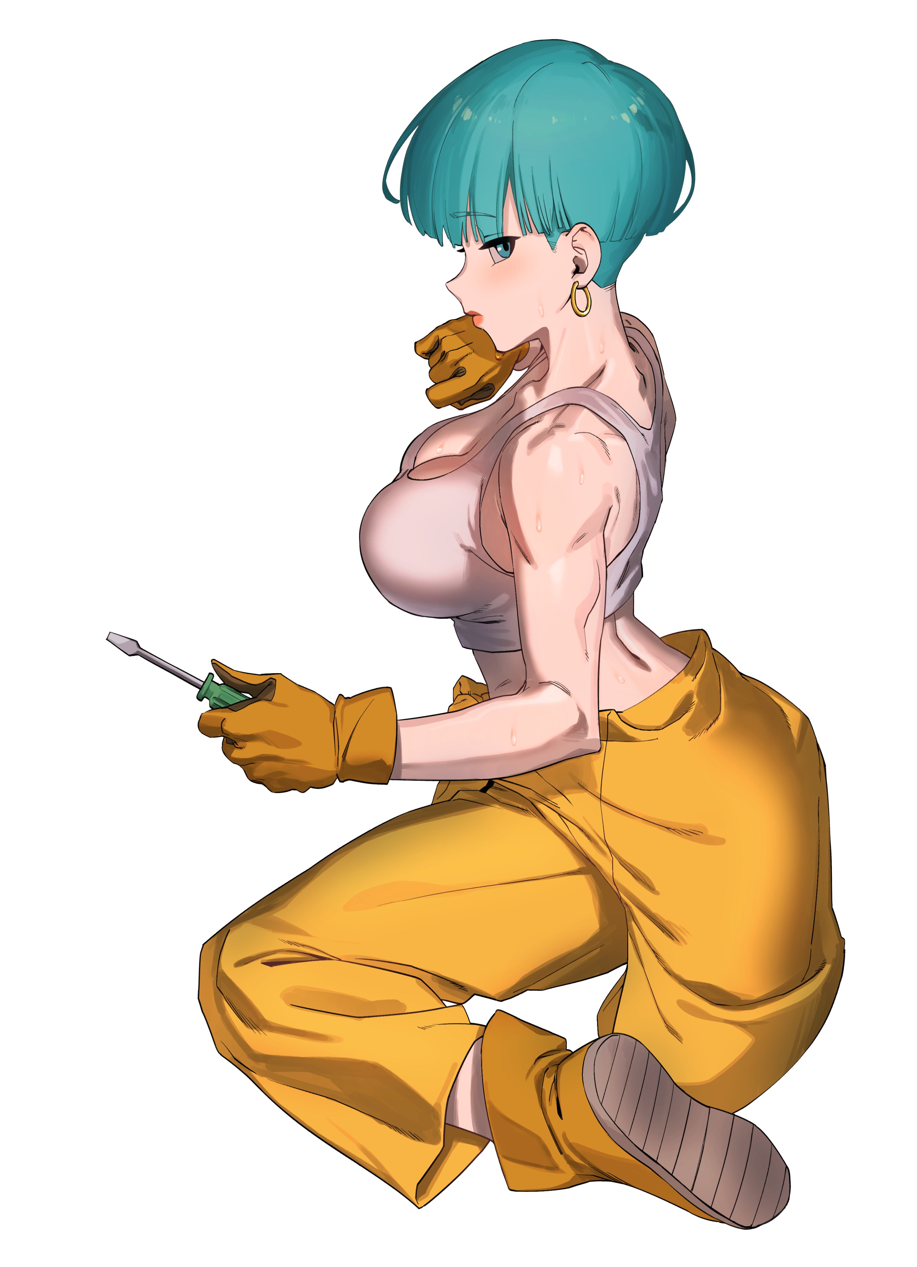 1d1a21, 1girls, baggy pants, big breasts, blue eyes, blue hair, bowl cut, breasts, bulma briefs, busty female, cleavage, dragon ball, dragon ball z, earrings, female, gloves, light skin, light-skinned female, milf, screwdriver, tank top, teal hair, tomboy, tomboy milf, very short hair, white background