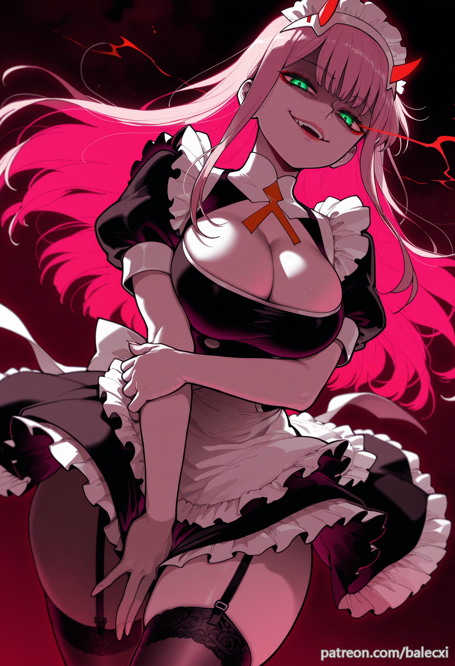 ai generated, alternate costume, balecxi, black thighhighs, breasts, cleavage, darling in the franxx, dress, enmaided, fangs, female, frills, garter straps, green eyes, large breasts, long hair, looking at viewer, maid, maid apron, maid headdress, open mouth, patreon username, pink hair, puffy short sleeves, puffy sleeves, red horns, short sleeves, smile, solo, teeth, waist apron, zero two (darling in the franxx)