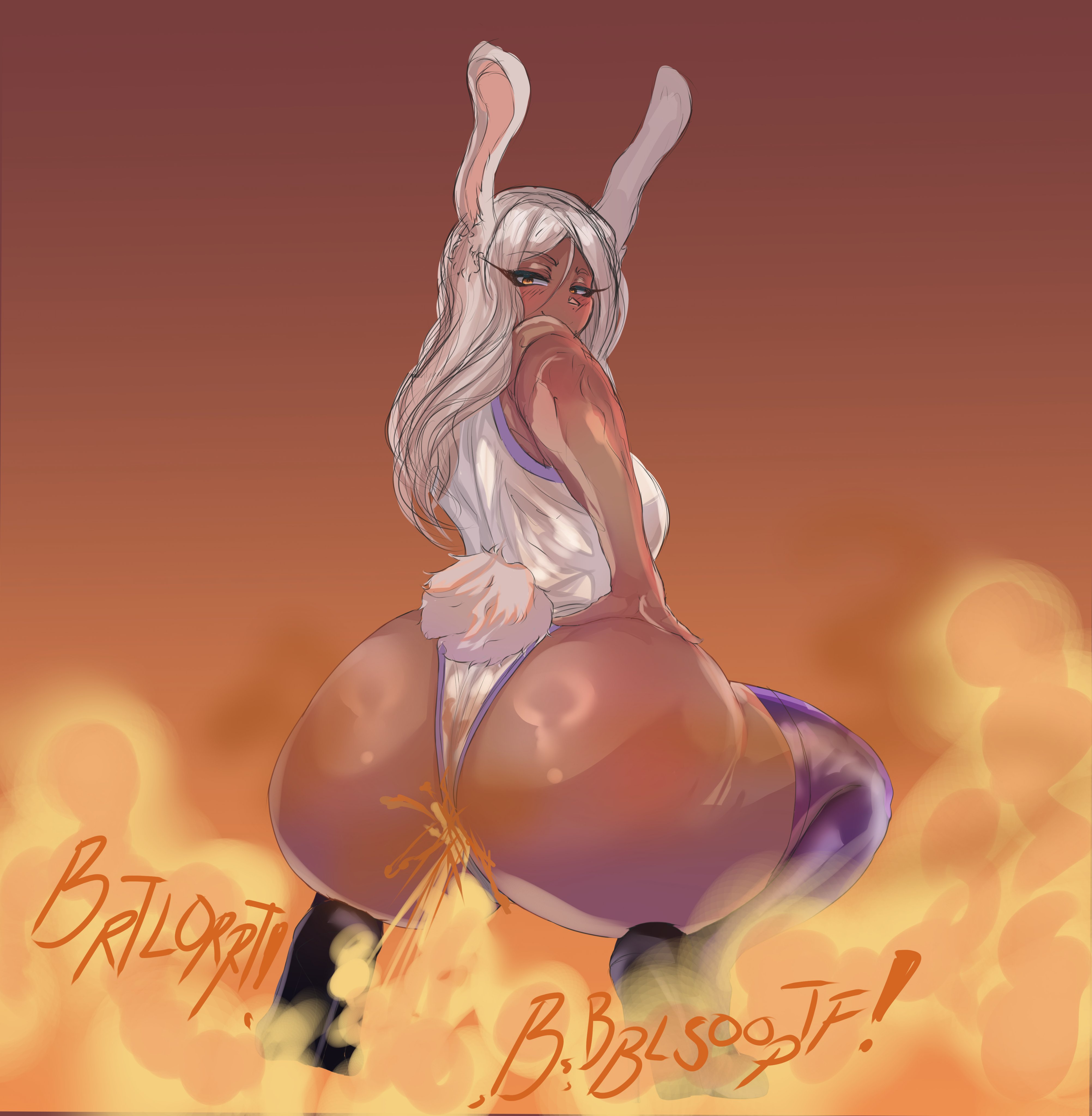 ass, ass bigger than torso, boku no hero academia, bunny ears, bunny tail, dark skin, dark-skinned female, darkestsansface, enjoying farting, fart, fart cloud, fart fetish, farting, fat ass, female, huge ass, looking at ass, looking back, melonarts2 (artist), mirko, my hero academia, red eyes, rumi usagiyama, sansface, shart, sharted, smirk, squatting, tan body, thick ass, thick thighs, white hair
