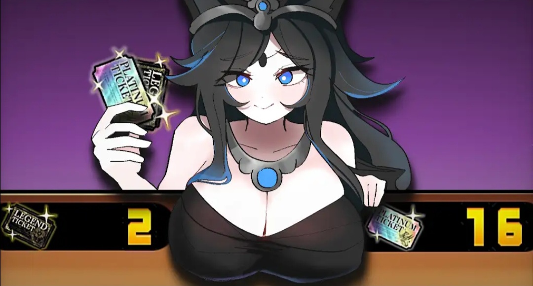 black hair, breasts, death's daughter lunacia, enormous breasts, female, holding object, horny, huge breasts, looking at viewer, massive breasts, the battle cats