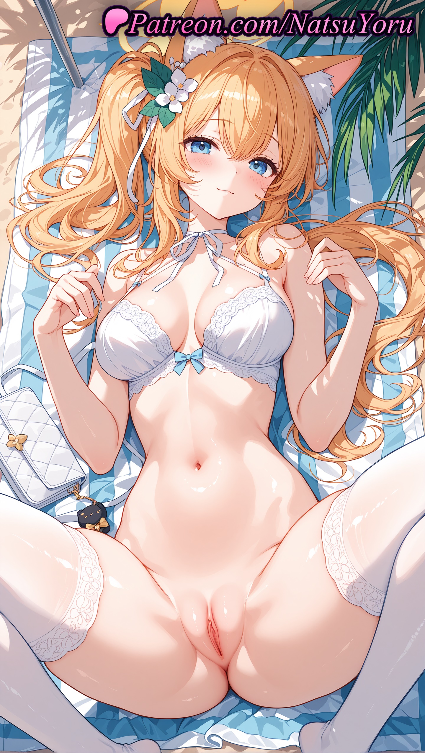 1girls, 2025, ai generated, animal ear fluff, animal ears, bare shoulders, blue archive, blue eyes, blush, bottomless, bra, breasts, cat ears, choker, closed mouth, female, female only, flower, hair flower, hair ornament, halo, hi res, highres, long hair, looking at viewer, lying, mari (blue archive), medium breasts, natsuyoru, navel, on back, orange hair, patreon, pussy, smile, solo, spread legs, stomach, thighhighs, uncensored, underwear, vagina, voluptuous, voluptuous female, white bra, white thighhighs