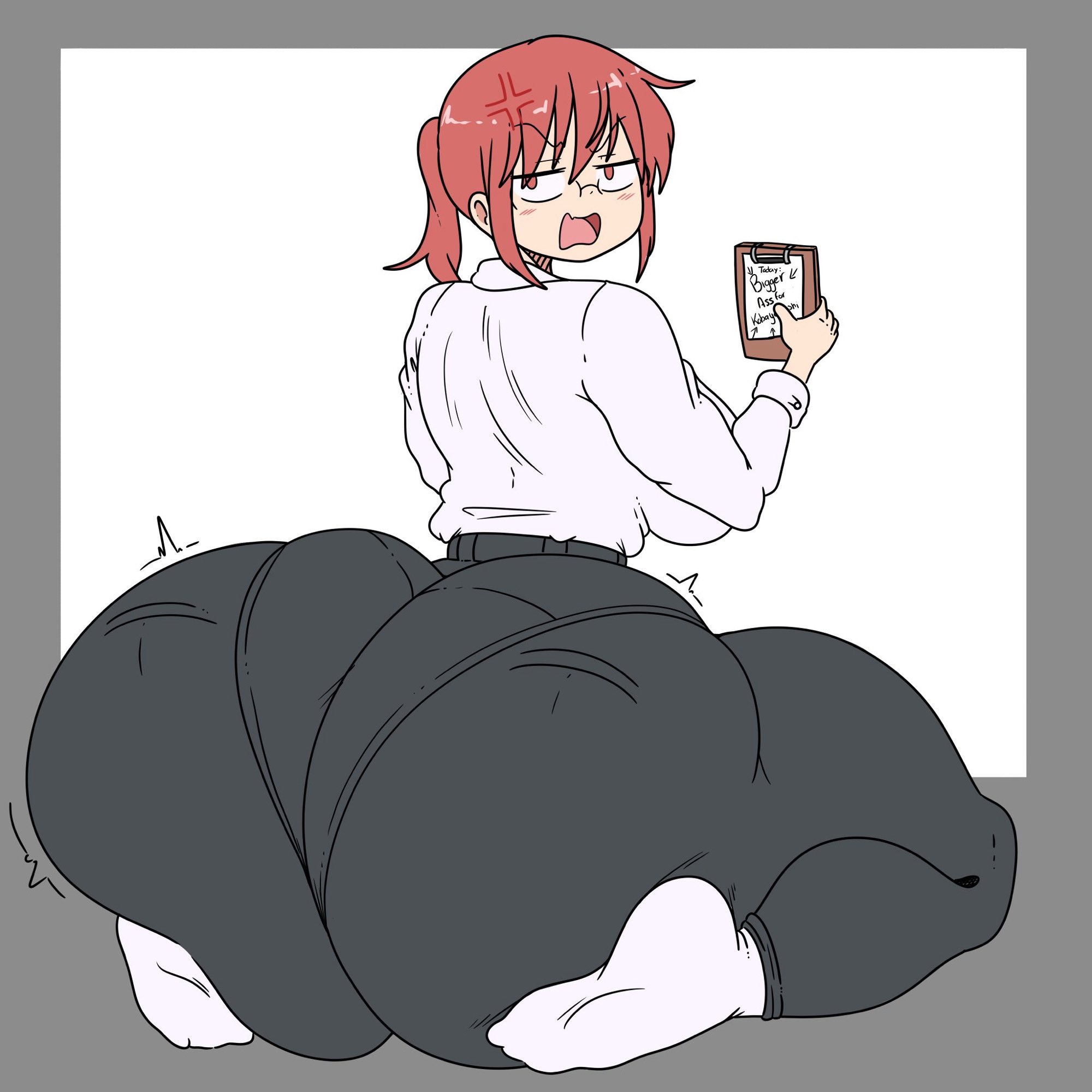 ass, ass bigger than head, ass body, big ass, blush, bottom heavy, curvy, female, fully clothed, gigantic ass, glasses, huge ass, hyper, hyper ass, inakotho, kobayashi, large breasts, miss kobayashi's dragon maid, open mouth, pantylines, red hair, shocked, sitting, skin tight, solo, thick thighs, underwear outline, wariza, wide hips
