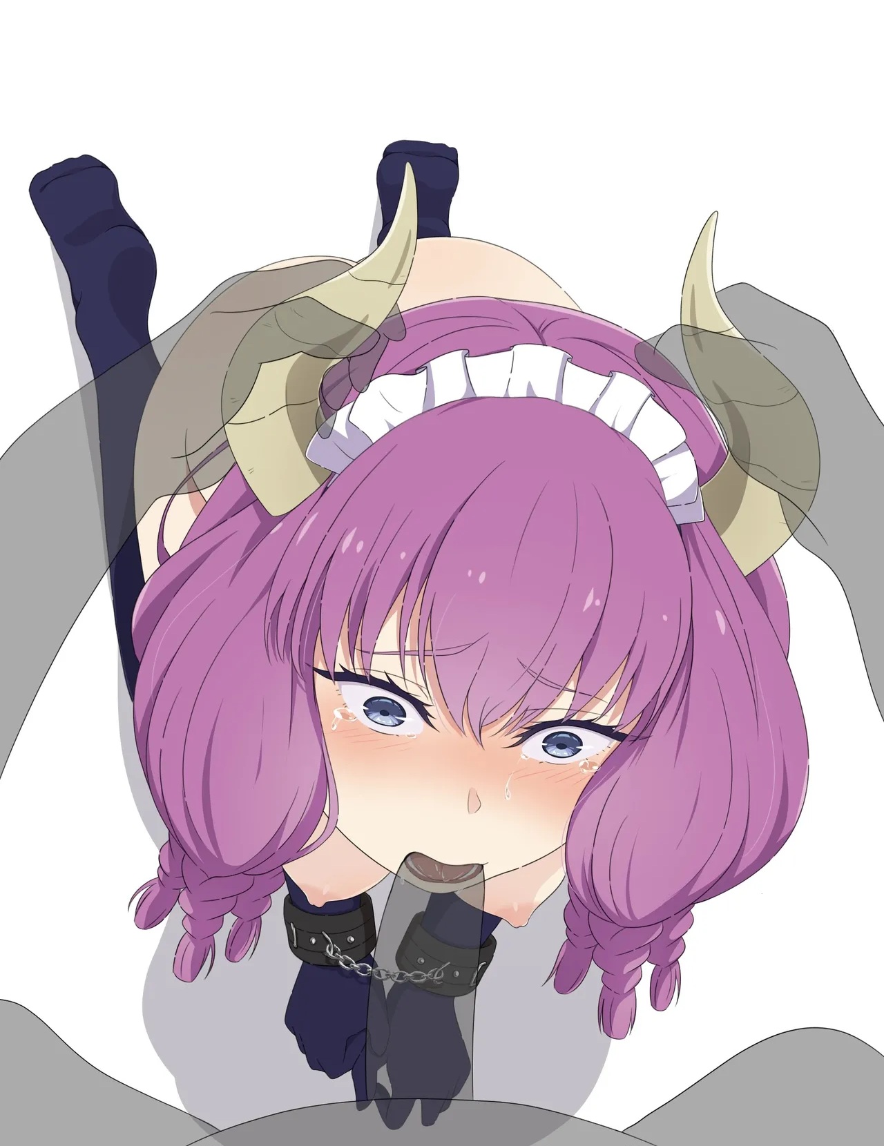 1boy, 1girls, aura (sousou no frieren), big breasts, bondage, breasts, chained wrists, demon, demon girl, demon horns, face fucking, female, forced blowjob, forced oral, frieren beyond journey's end, gloves, grey eyes, hands on horns, holding horns, horns, invisible male, maid headdress, male, na-suke, purple hair, socks, sousou no frieren, tears, tied hands, transparent male