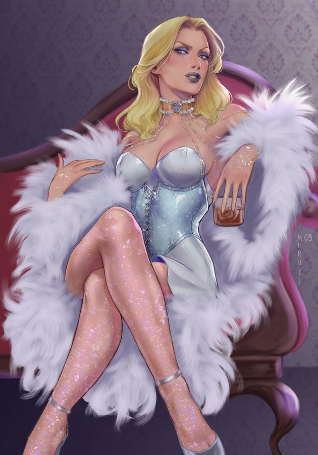 1girls, bad quality, blonde eyebrows, blonde female, blonde hair, blue eyes, breasts, cleavage, corset, crossed legs, crossed legs (sitting), dara miruki, detailed background, emma frost, eyebrows, eyebrows raised, eyelashes, eyeshadow, female, female only, footwear, gradient background, head turned, hellfire club, high heels, holding object, knees, large breasts, light skin, light-skinned female, lipstick, long hair, looking at viewer, low res, lowres, marvel, marvel comics, mature, mature female, milf, miruki09, neckwear, platinum blonde hair, purple eyeshadow, purple lipstick, silver clothing, silver corset, silver footwear, sitting, slightly open mouth, solo, solo female, thick thighs, wide hips, x-men