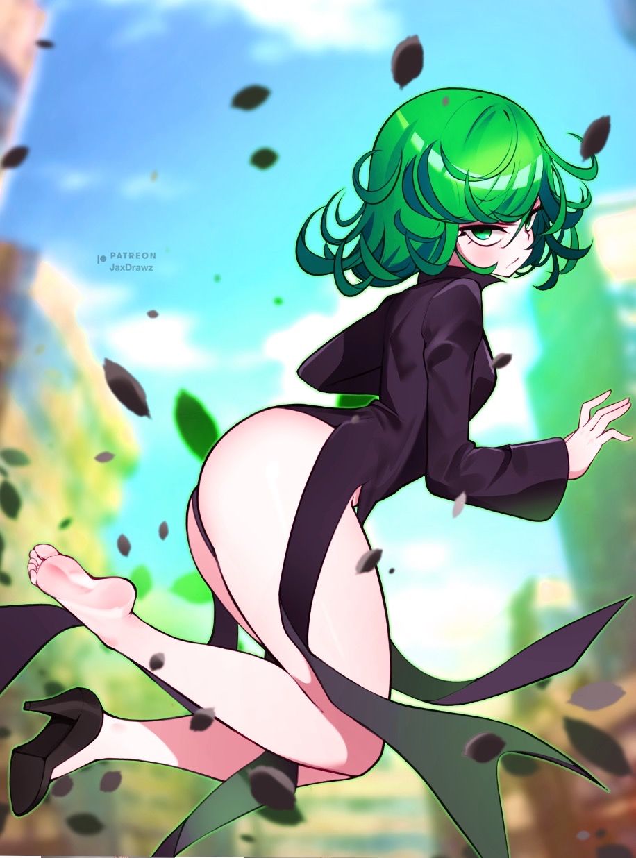 1girls, ass, bare legs, black dress, blue sky, blurry, blurry background, breasts, curly hair, day, dress, female, from behind, full body, green eyes, green hair, highres, jaxdrawz, looking back, one-punch man, outdoors, rock, shoes, short hair, single shoe, sky, small breasts, solo, tatsumaki, thighs
