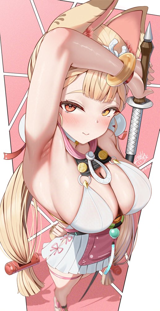 alice thymefield, alice thymefield (sea of thyme), animal ears, arm up, armpit focus, armpits, arms behind back, blonde hair, blush, breasts, cleavage, female, female only, hair ornament, hairpin, heterochromia, holding, holding weapon, long hair, looking at viewer, official alternate costume, rabbit ears, sphere hair ornament, swimsuit, thigh strap, twintails, weapon, yellow eyes, zenless zone zero, zukky