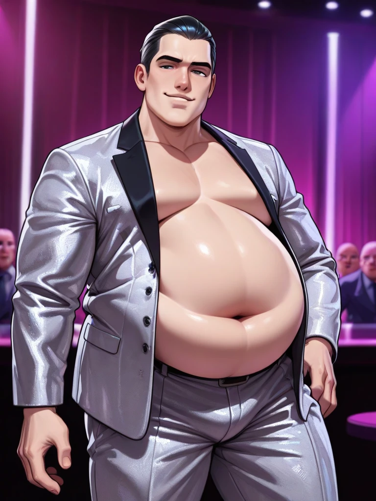1boy ai ai_generated big_belly big_gut black_hair chubby chubby_belly chubby_male kennyk shirtless_male solo solo_male suit_jacket