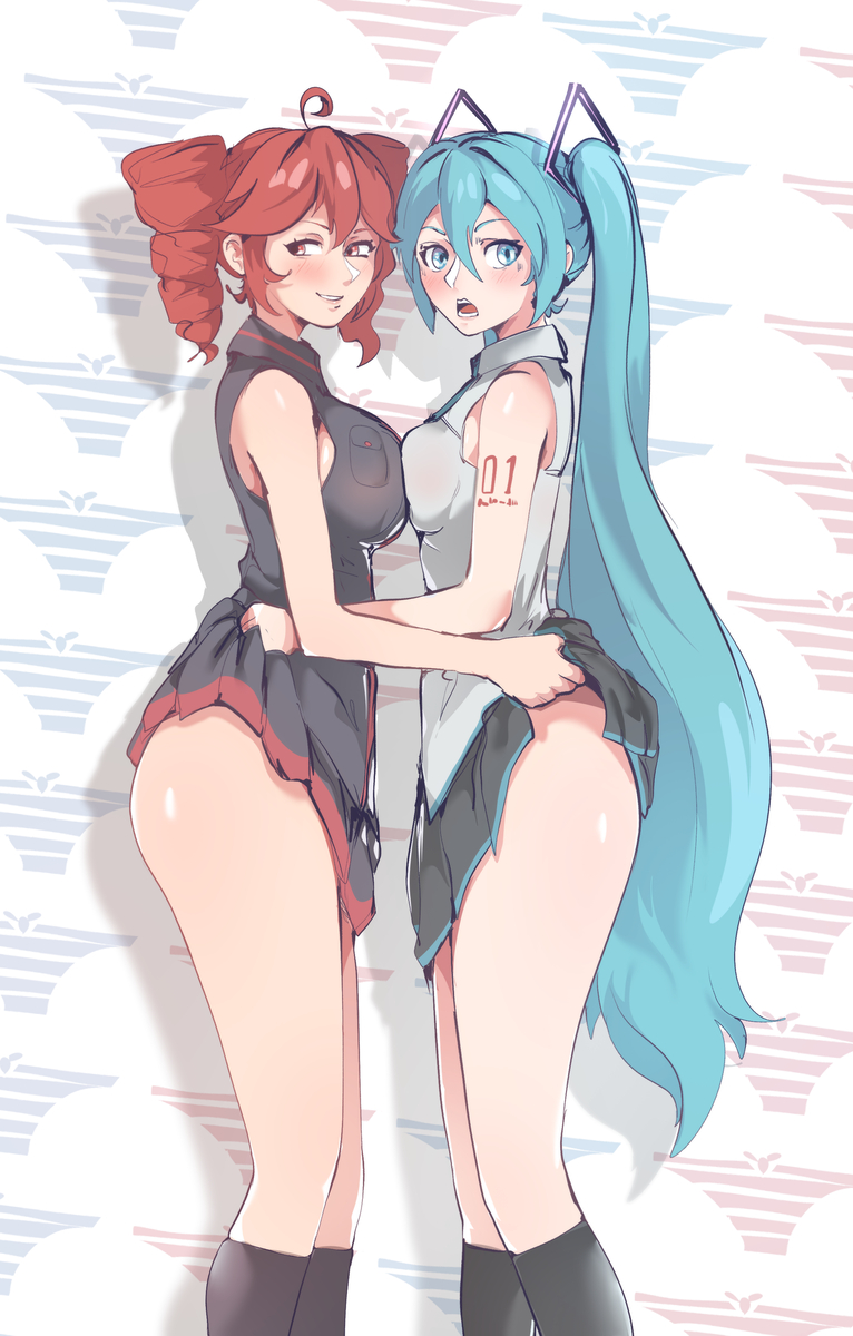 2d, 2d (artwork), 2girls, ahoge, aqua eyes, aqua hair, arm tattoo, ass, asymmetrical docking, bare thighs, black skirt, blue eyes, blue hair, blush, breast press, breast size difference, breasts, breasts pressed together, clothed, clothes lift, clothing, drill hair, female, female only, hair ornament, hatsune miku, kasane teto, large ass, large breasts, long hair, looking at viewer, mandragora (artist), medium breasts, mostly clothed, multiple girls, no panties, open mouth, red eyes, red hair, shiny skin, shirt, side view, sideboob, simple background, skirt, skirt lift, skirt lifted by another, sleeveless, sleeveless shirt, smile, socks, suggestive look, surprised, surprised expression, symmetrical docking, tattoo, thick thighs, thighs, twin drills, twintails, utau, very long hair, vocaloid