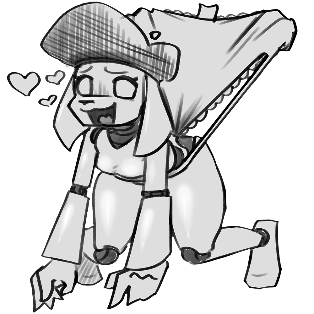 ball_joints beret calzcrom canid canine clothing_tag cute dog_girl female female_focus floppy_ears frilled_panties frilly_panties furry_female furry_only furry_robot hands_down heart invisible_hands monochrome mysticfluff panties pleasure_face pupilless_eyes robot robot_furry robot_girl underwear wedgie wedgied_female