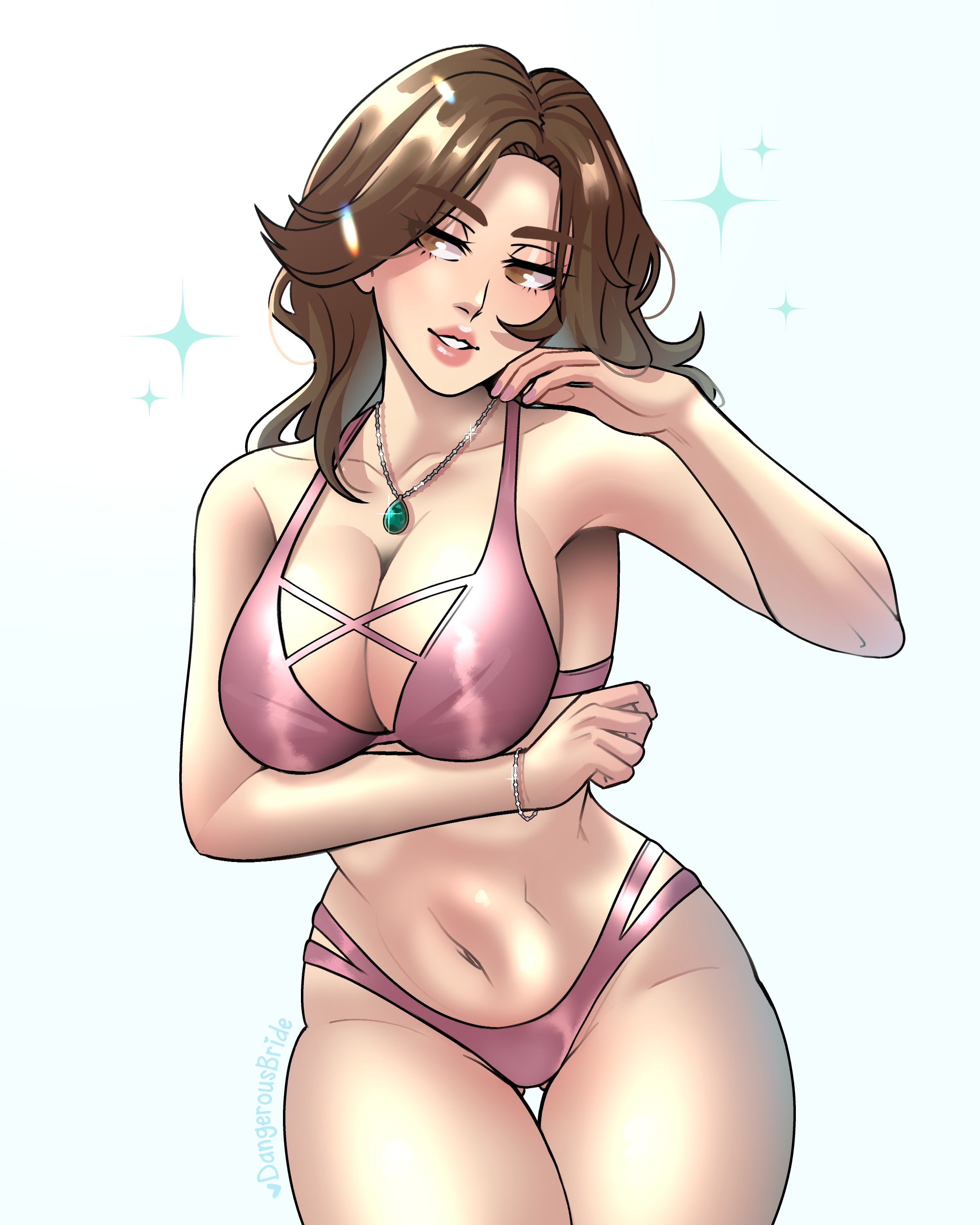 1girls, arm under breasts, big breasts, bikini, breasts, brown eyes, brown hair, capcom, dangerousbride, female, female only, helena harper, narrowed eyes, necklace, pink bikini, resident evil, resident evil 6, smile, solo, thick thighs, thigh gap, very high resolution