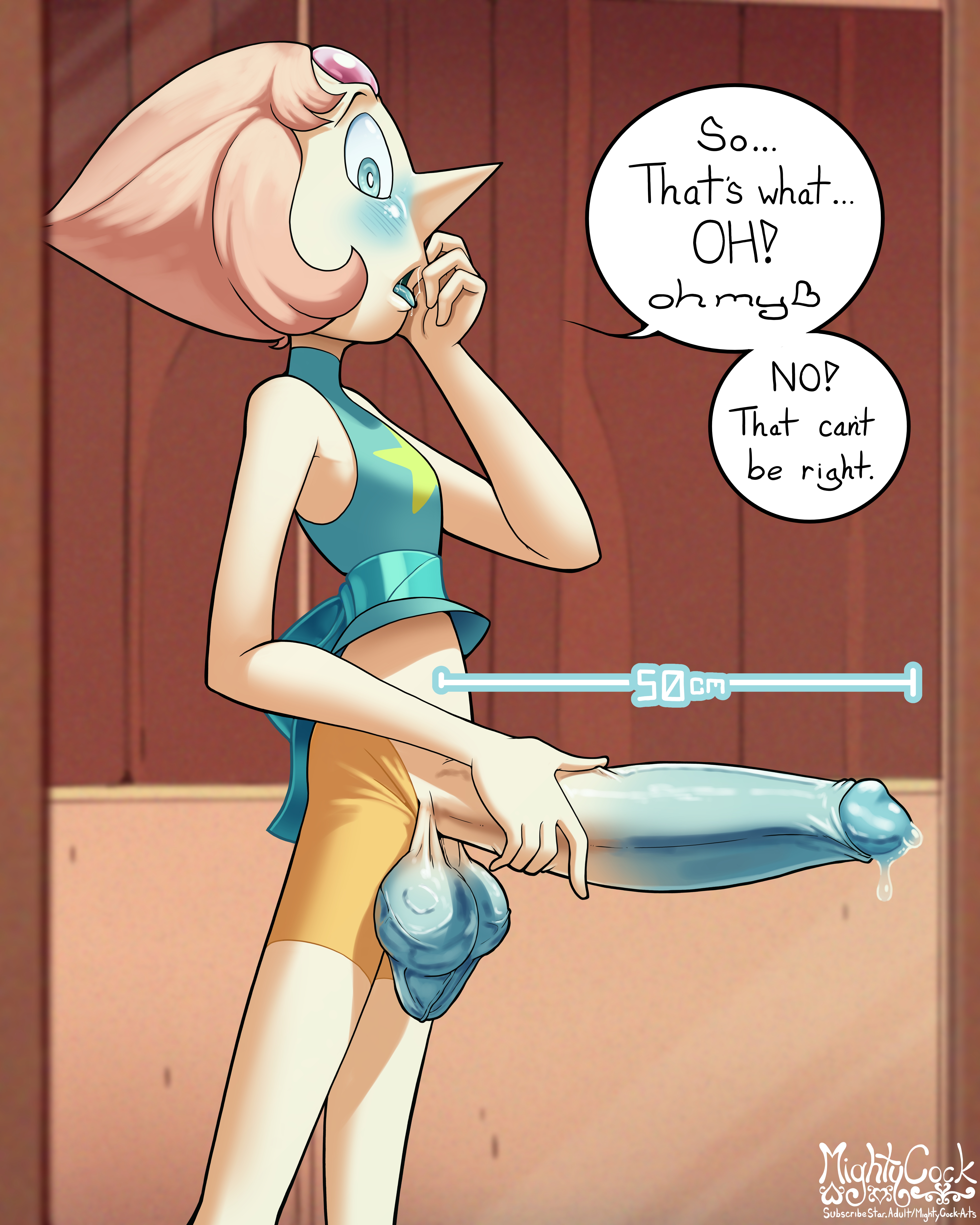 1futa, alien, alien girl, big penis, blush, dialogue, female, futa only, futanari, gem (species), huge penis, intersex, measurements, mightycock, pearl (gem), pearl (steven universe), penis, penis out, solo, solo futa, standing, steven universe, strawberry blonde hair, text, uncensored