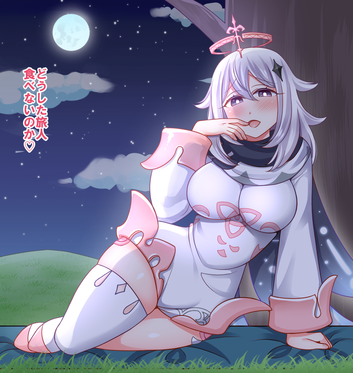 1girls, aged up, alternate breast size, ara ara, big breasts, breasts, female, genshin impact, moon, night, paimon (genshin impact), yakisobapan tarou & negitoro-ko