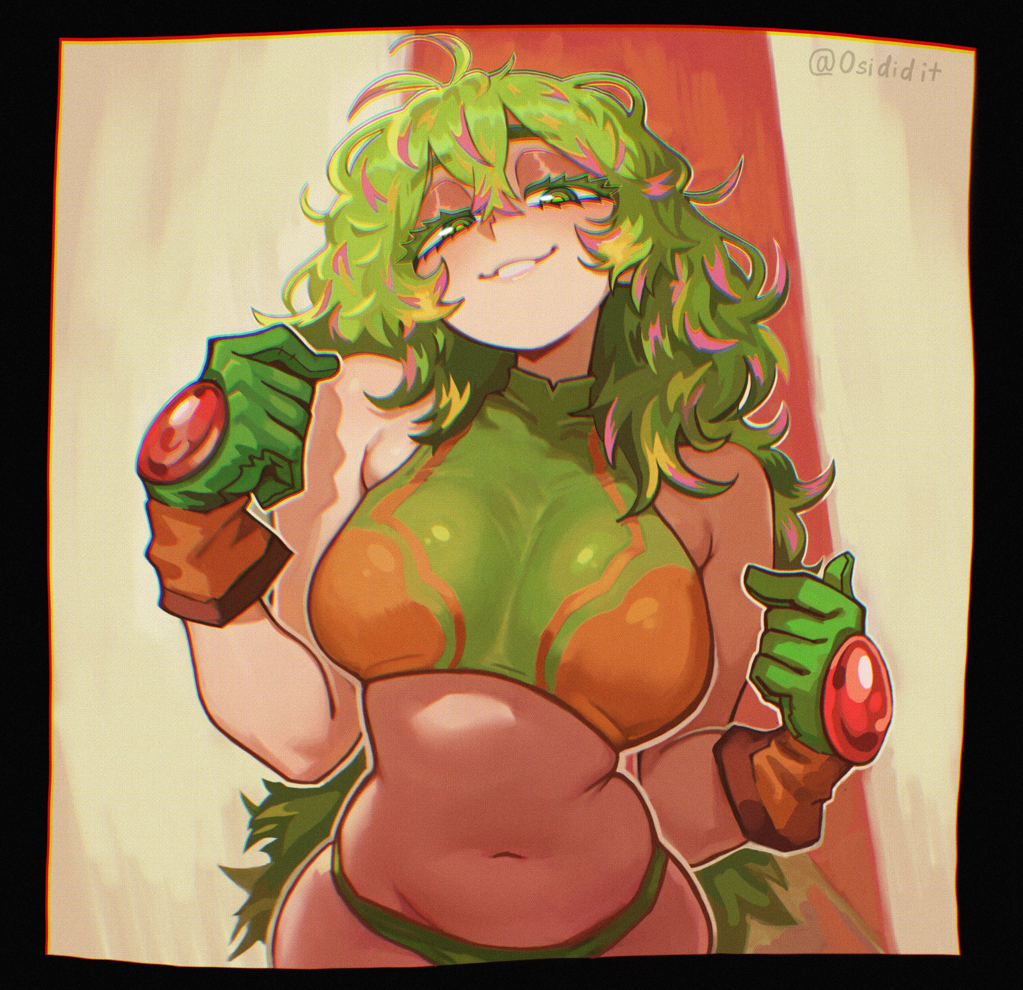 1girls, 2025, 2d, 2d (artwork), artist name, bare shoulders, black border, boku no hero academia, border, bra, breasts, closed mouth, commentary, deku's photo of hagakure toru, english commentary, female, female only, gloves, green eyes, green gloves, green hair, green panties, green-haired female, half-closed eyes, highres, large breasts, light skin, light-skinned female, long hair, looking at viewer, medium hair, messy hair, my hero academia, my hero academia (finale), navel, no pants, osidid, panties, pointing at self, post-timeskip, questionable, sleeveless, smile, smiling at viewer, solo, tooru hagakure, tooru hagakure (post-timeskip), tooru hagakure (visible), underwear, unusually visible