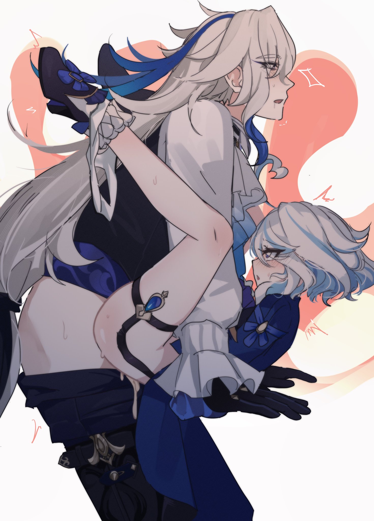 1boy, 1boy1girl, 1girl, 1girls, ahoge, ambiguous penetration, blue eyes, blush, blush lines, bodily fluids, clothed sex, cum, cum in pussy, cum inside, cum overflow, cum overflowing, drool, drool string, duo, eyes rolled back, female, furina (genshin impact), genshin impact, gloves, heart ahoge, highres, hiji (hijichan), legs up, light blue hair, long-haired male, looking pleasured, male, male penetrating female, mating, missionary position, multicolored hair, nakadashi, neuvillette (genshin impact), orgasm, orgasm face, petite, pleasure face, purple eyes, pussy, semen, sex, short-haired female, silver hair, size difference, smaller female, streaked hair, sweatdrop, taller male, thigh strap, tremble spikes, two-tone hair, white hair