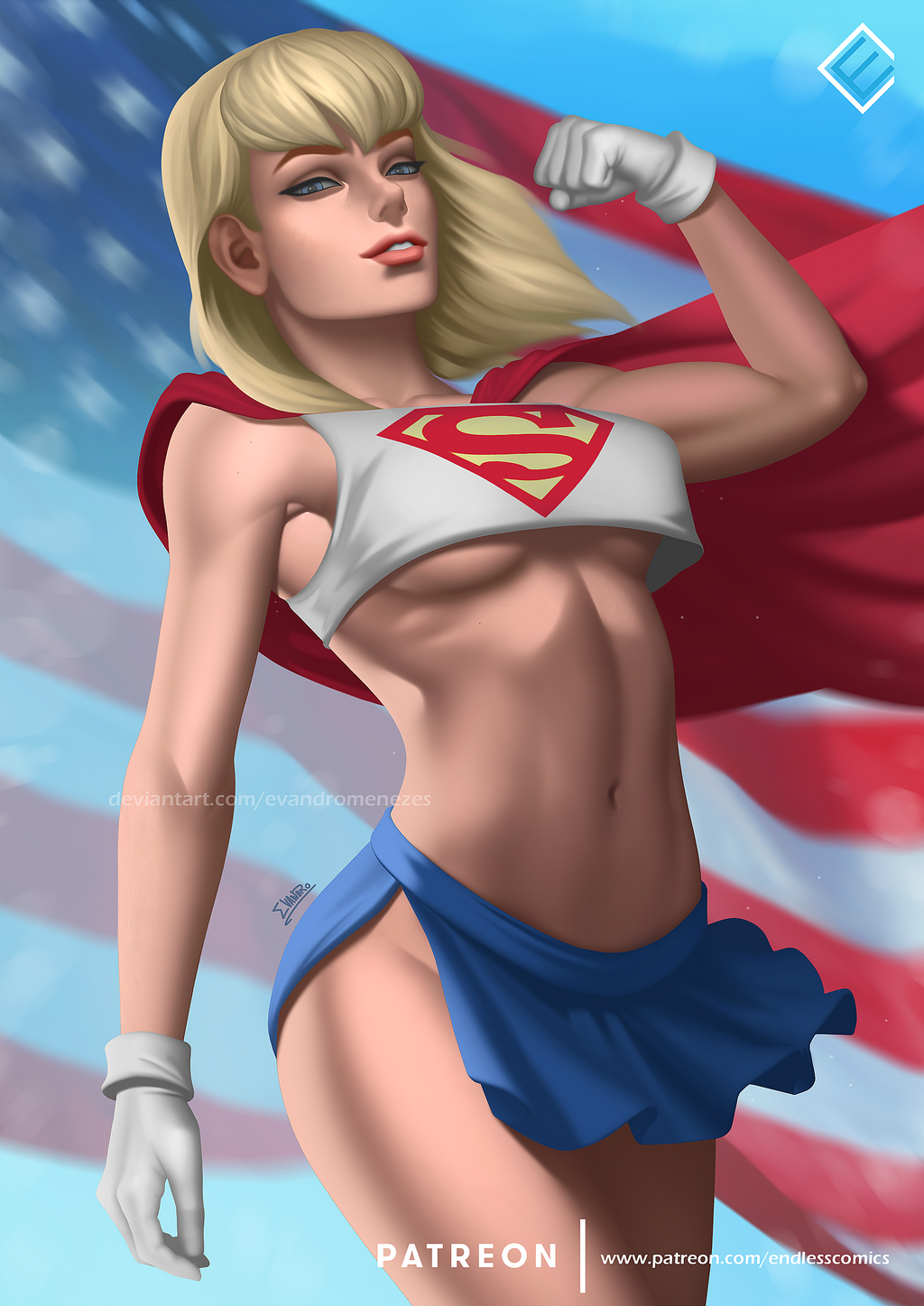 blonde_hair blue_eyes cape dc dc_comics evandromenezes gloves kara_zor-el long_hair miniskirt no_panties supergirl superman_(series) underboob