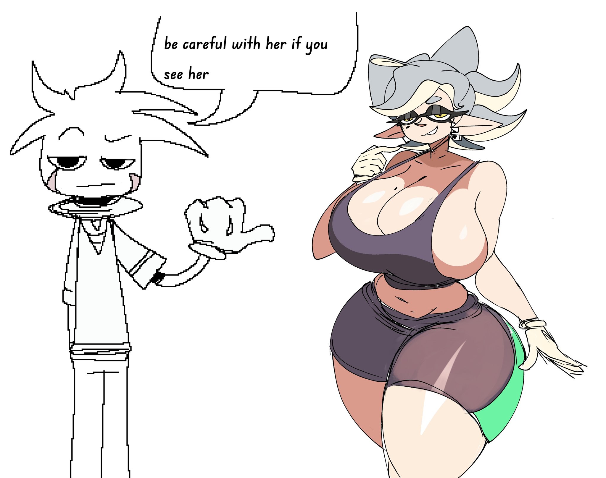 1boy, 1girls, breasts, female, huge breasts, inkling, lotxolt, male, marie (splatoon), nintendo, oc, original character, shorts, splatoon, splatoon (series), tank top, text bubble