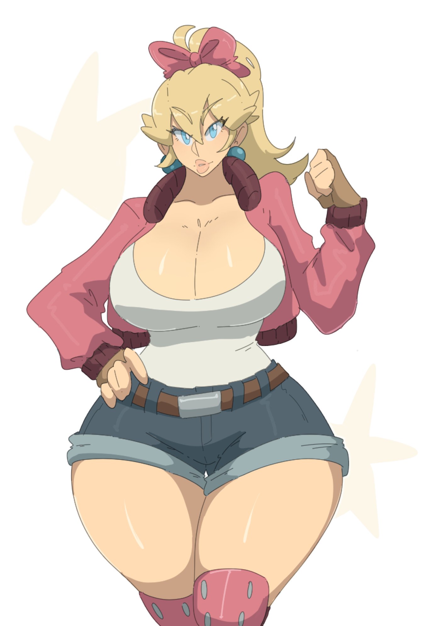 1girls, belt, blonde hair, blue eyes, bow, bow on head, breasts, cleavage, clothing, curvy, ear piercing, eyelashes, female, female only, gloves, jacket, large breasts, large hips, leedraw11, light skin, light-skinned female, looking at viewer, mario (series), mario kart, mario kart world, mature, mature female, nintendo, official alternate costume, pink bow, pink jacket, ponytail, princess peach, princess peach (touring), shirt, shorts, thick thighs, thighs, voluptuous, voluptuous female, white background, white shirt, wide hips