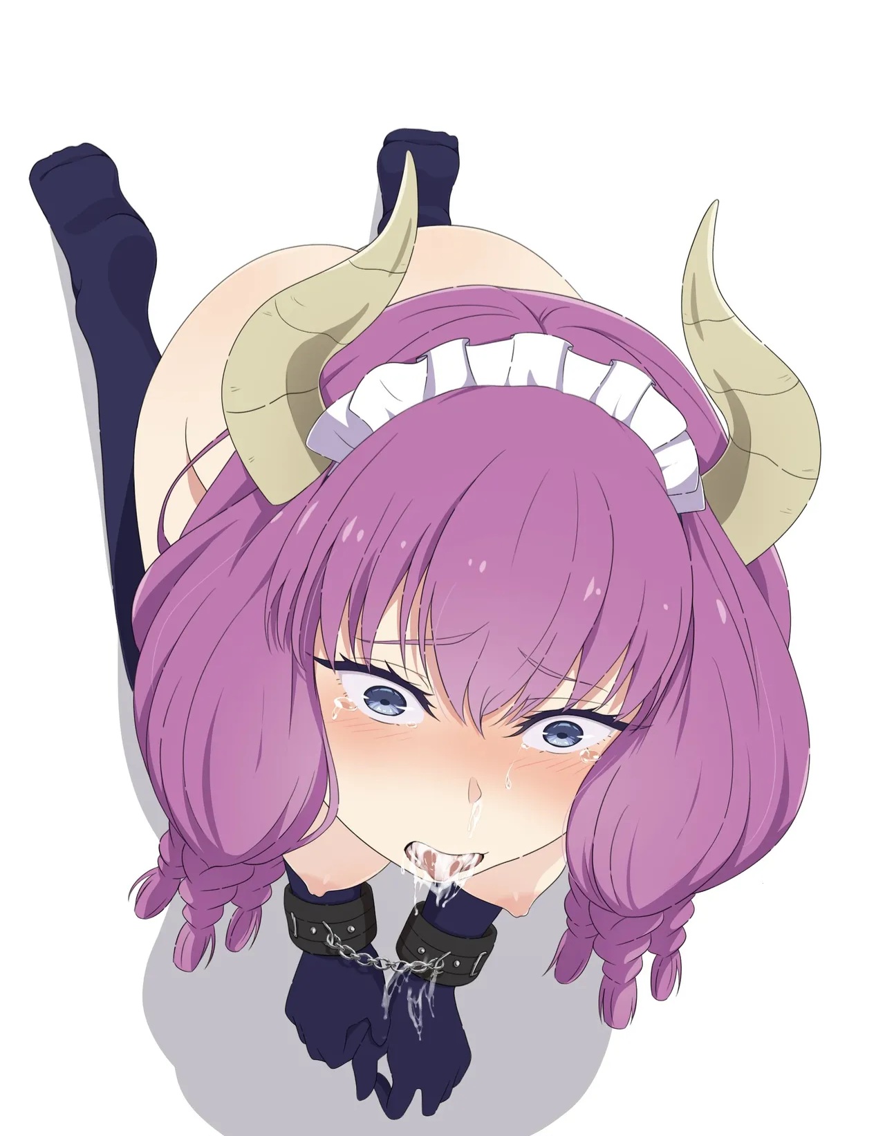 1girls, aura (sousou no frieren), big breasts, bondage, breasts, chained wrists, cum, cum in mouth, cum on face, demon, demon girl, demon horns, dripping cum, female, frieren beyond journey's end, gloves, horns, maid headdress, na-suke, purple hair, shocked, shocked expression, shocked eyes, shocked female, socks, sousou no frieren, tears, tied arms