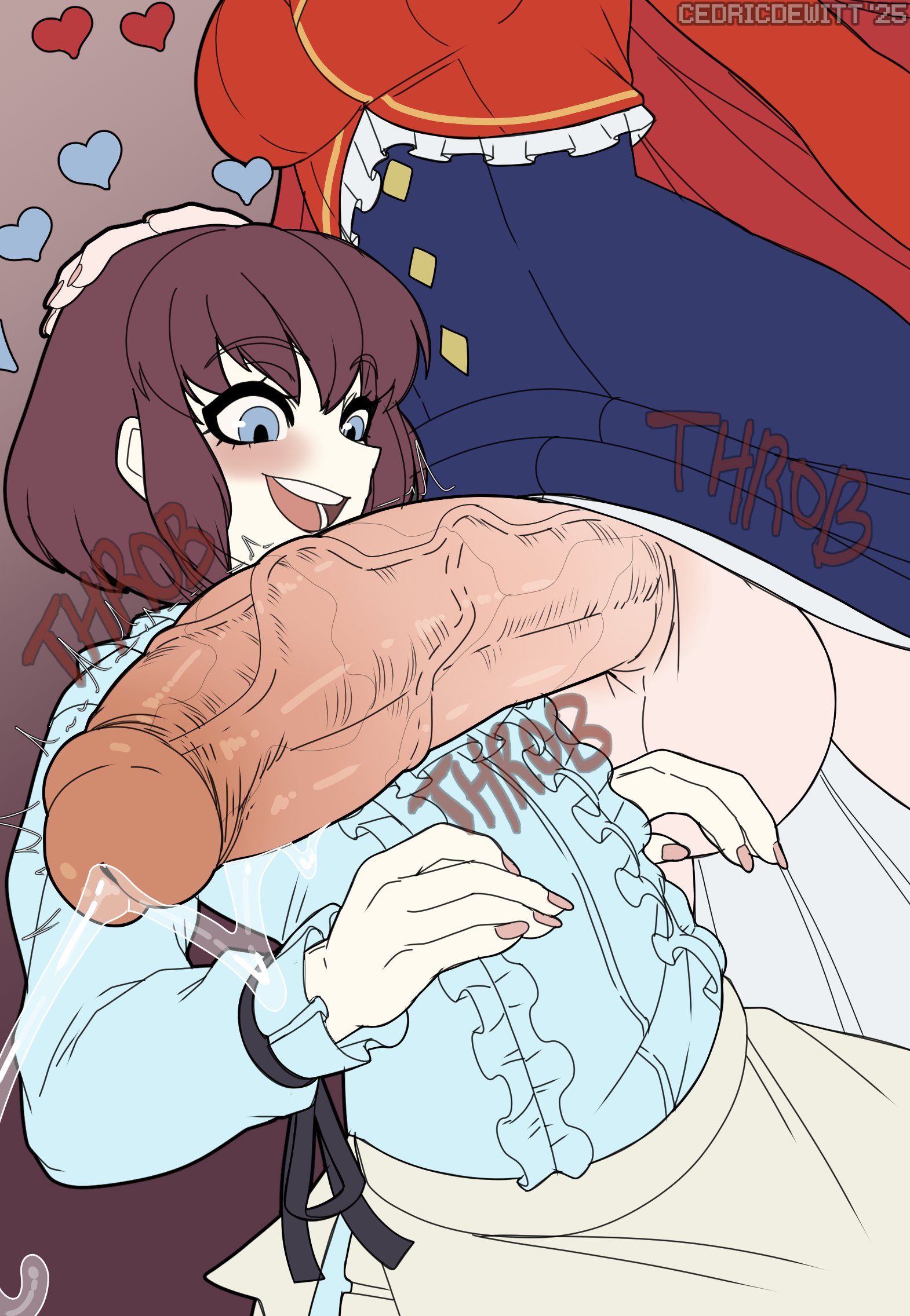 1futa, 1futa1girl, 1girls, 2d, after oral, areolae, balls, big penis, blowjob, blue clothing, blue eyes, bottomless, breasts, brown hair, cedric dewitt, commission, dress, female, fingernails, fully clothed, futa with female, futanari, hand on head, heart, heart symbol, intersex, oc, original character, original characters, penis, penis awe, precum, short hair, uncensored, unseen futa face, veiny penis