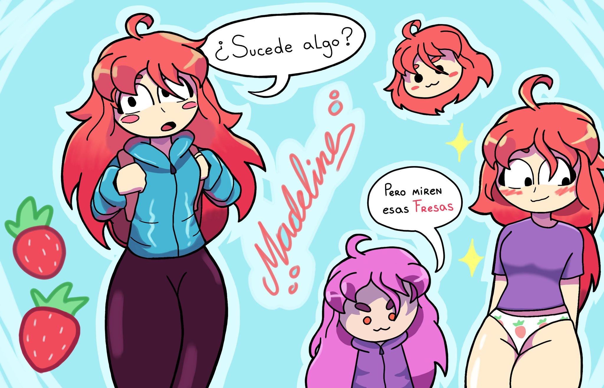 2girls, badeline, blush, celeste (game), clothed, female, gato incognito, looking at viewer, madeline (celeste), no sex, panties, red hair, spanish dialogue, spanish text, trans woman, transfem