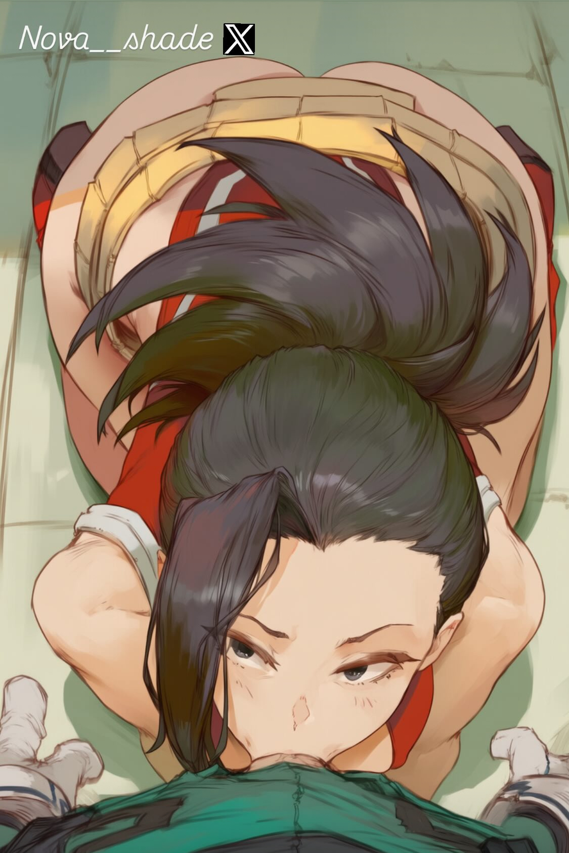 1boy, 1girls, ai generated, big ass, big breasts, deepthroat, izuku midoriya, kneeling, living room, momo yaoyorozu, my hero academia, nova  shade