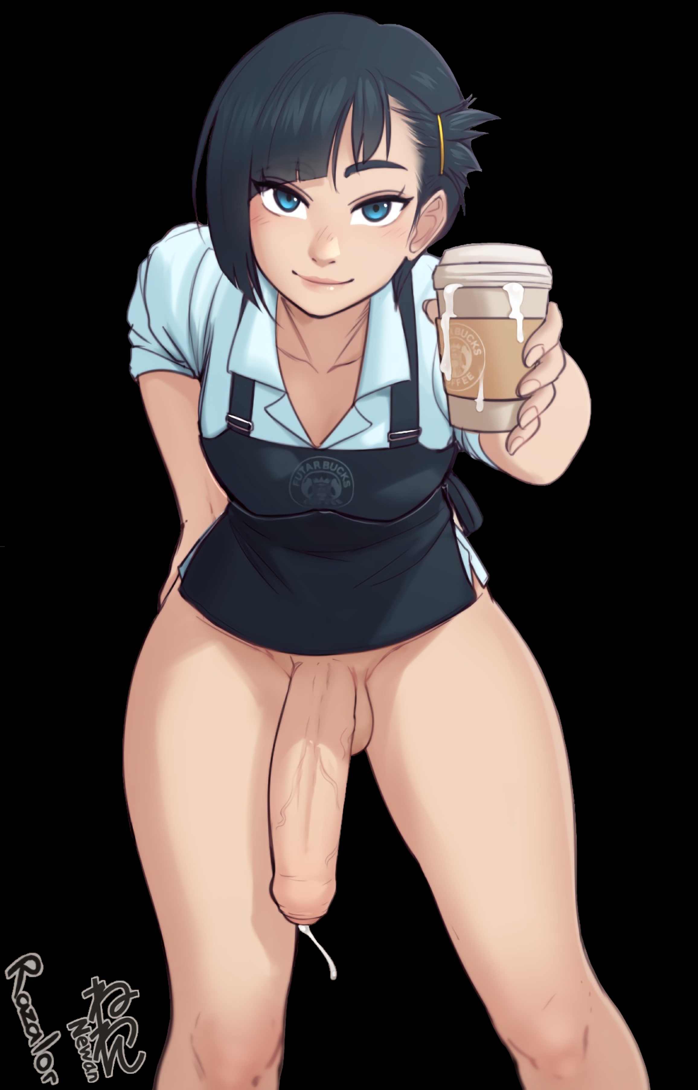 1futa, almost naked, apron, ashleyblaze (editor), barista, black background, blue eyes, cum in container, cup, dark hair, edit, futanari, intersex, large penis, leaking cum, light skin, looking at viewer, no pants, penis, razalor, third-party edit