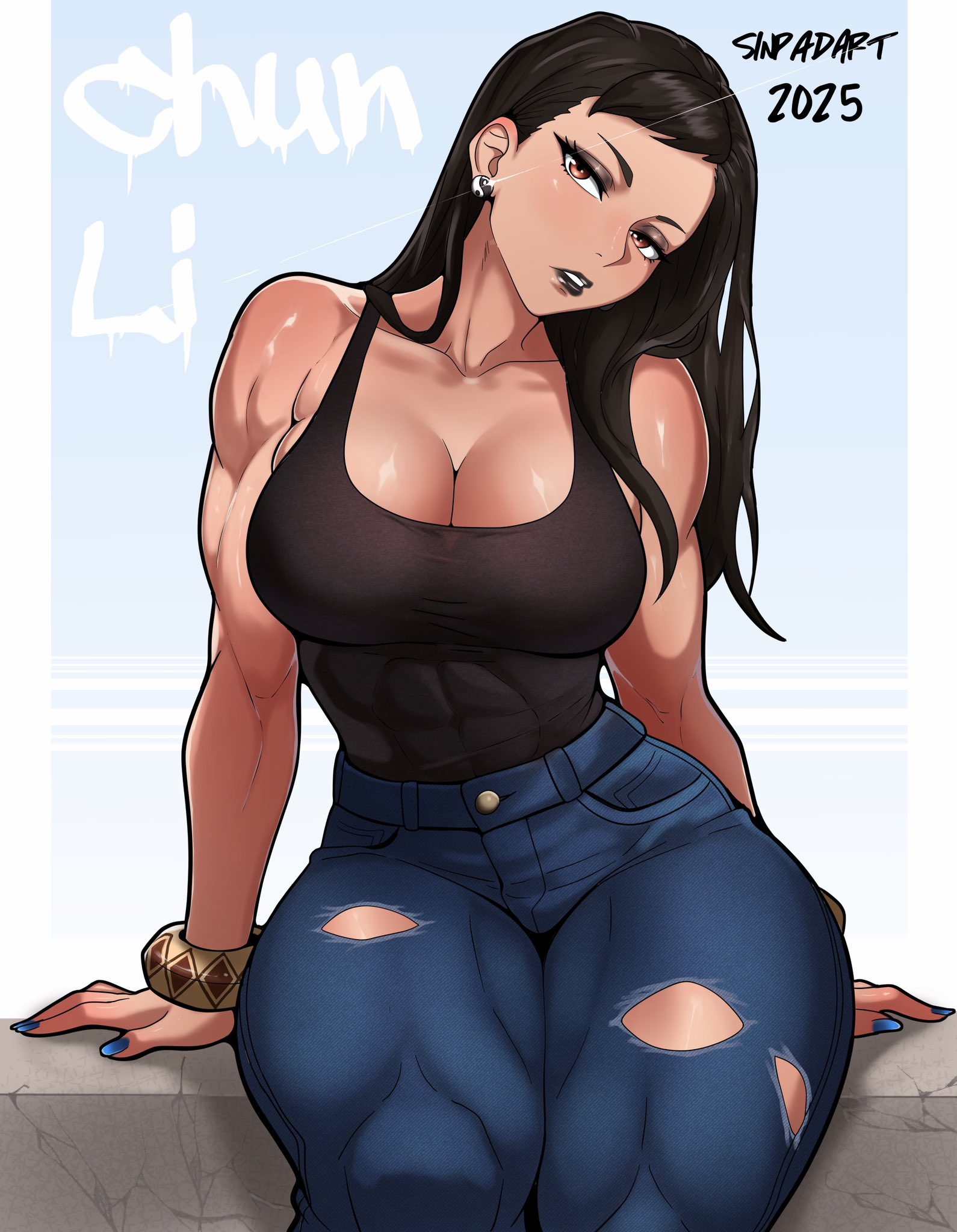 1girls, abs, bare arms, bare shoulders, big breasts, bracelet, breasts, brown eyes, brown hair, capcom, chun-li, clothed, clothing, color, earrings, female, female focus, female only, fit female, hi res, jeans, large breasts, light skin, light-skinned female, lipstick, long hair, looking at viewer, muscles, muscular, muscular arms, muscular female, muscular legs, muscular thighs, ripped clothing, sinpadart, solo, solo female, street fighter, tagme, thick thighs