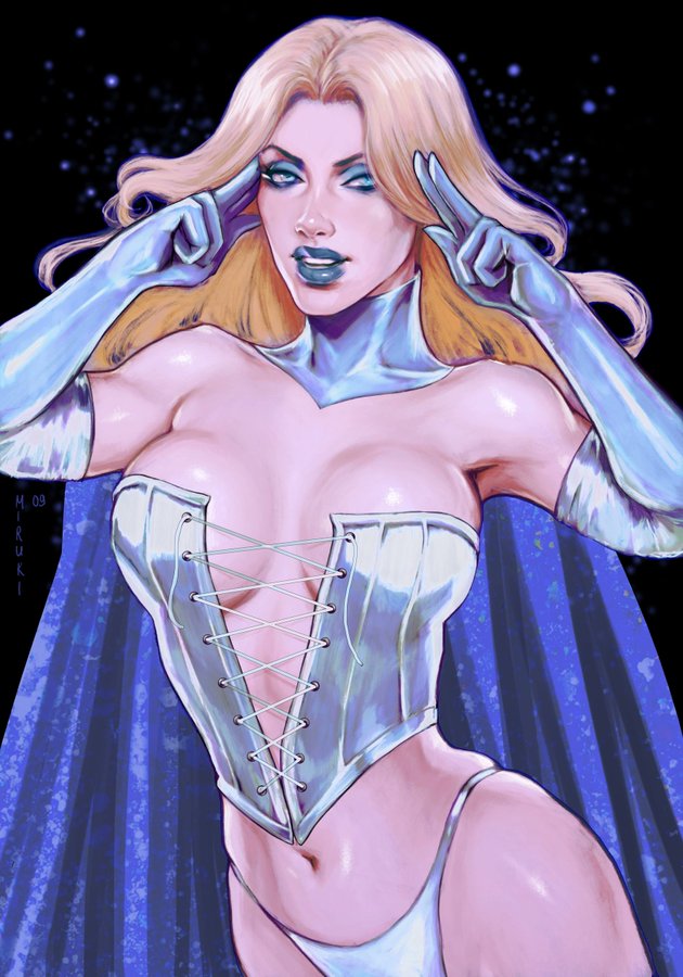 arm gloves, armwear, bad quality, blonde female, blonde hair, blue eyes, blue eyeshadow, blue lipstick, breasts, cleavage, corset, dara miruki, emma frost, eyeshadow, female, hellfire club, large breasts, light skin, light-skinned female, long hair, low res, lowres, marvel, marvel comics, mature, mature female, milf, miruki09, no bra, panties, platinum blonde hair, silver clothing, silver corset, silver panties, slightly open mouth, teeth, thick thighs, underwear, wide hips, x-men