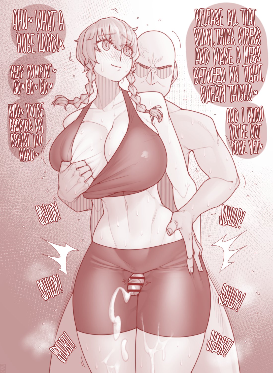 1boy 1girls alternate_breast_size amane_suzuha bald_man big_breasts bike_shorts braided_hair breast_grab_from_behind breast_pull breasts censored cum cum_on_thighs ejaculation ejaculation_between_thighs ekz english_text gym gym_clothes huge_breasts large_breasts male/female sex speech_bubble sports_bra sportswear standing standing_sex steins;gate straight sweat text thick_thighs thigh_job thigh_sex twin_braids workout_clothes