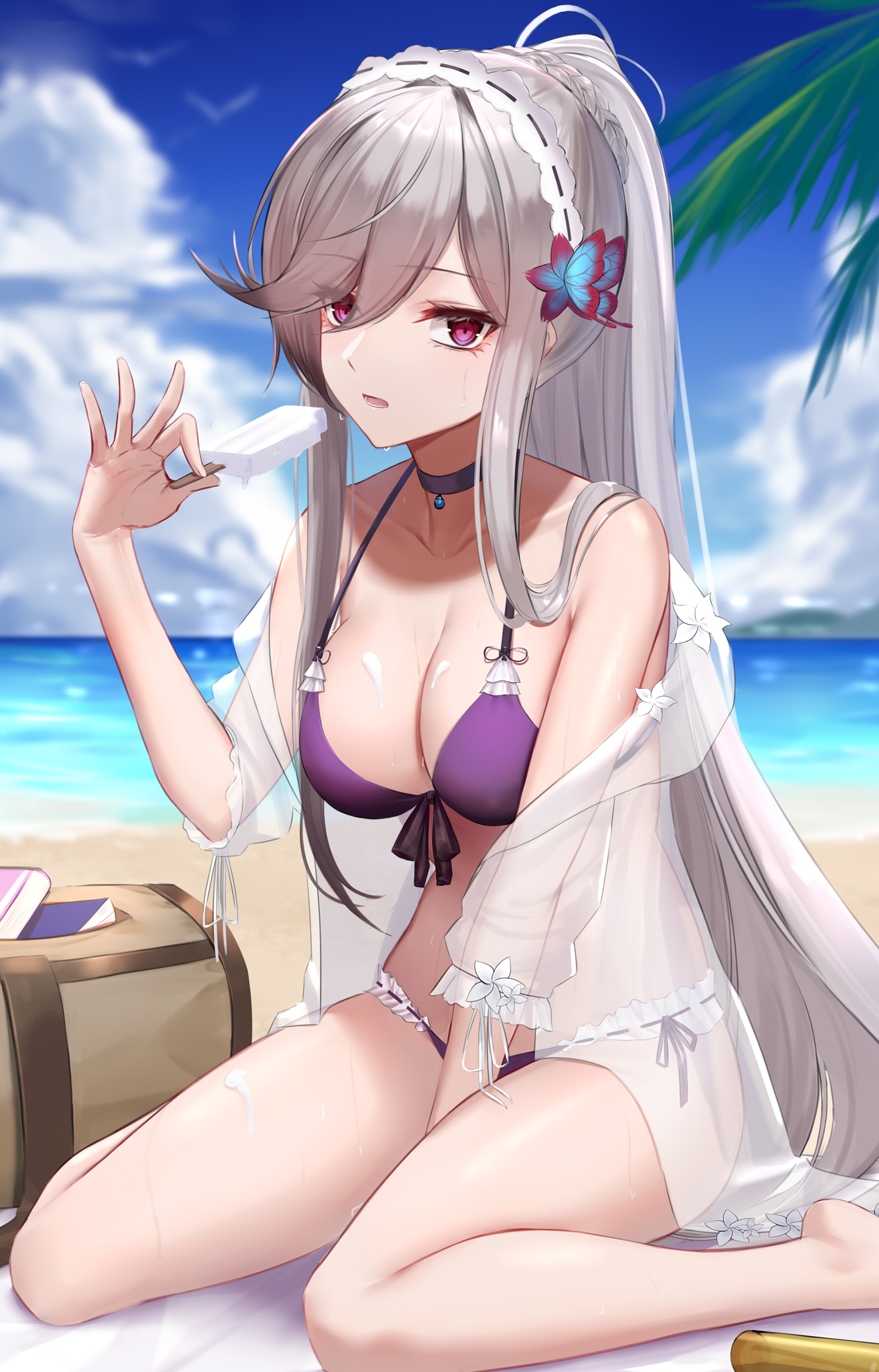 1girls, azur lane, bangs, beach, bikini, bikini top, breasts, butterfly hair ornament, choker, cleavage, dunkerque (azur lane), eternity (shadeh), female, female only, grey hair, hair between eyes, hairband, ice cream, light skin, light-skinned female, long hair, looking at viewer, sand, summer, sweat, very long hair