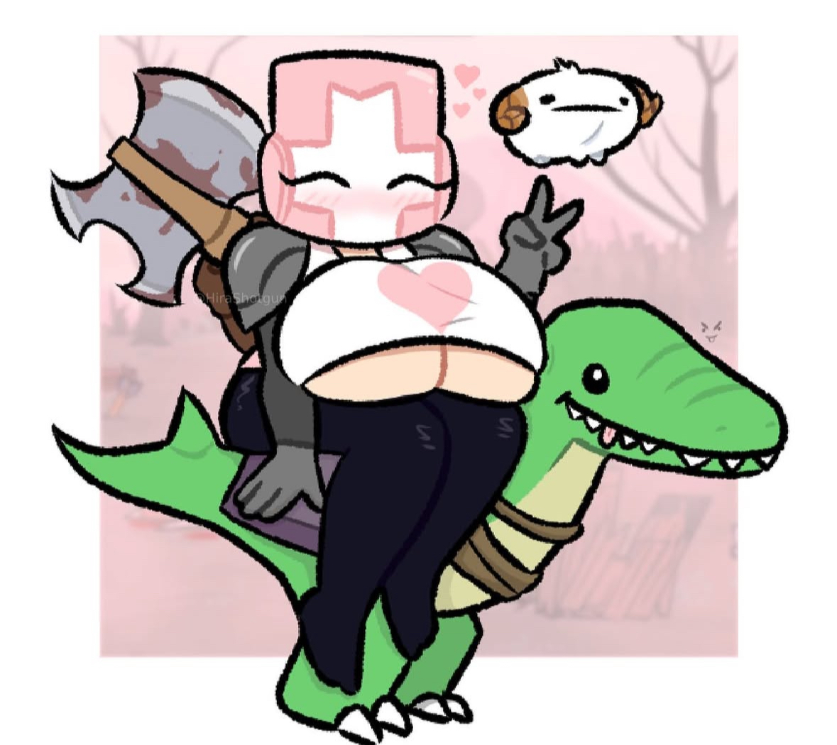 1girls, armor, armored female, axe, black leggings, black legwear, breasts, castle crashers, crocodile, female, heart, hira.shotgun, huge breasts, knight, large breasts, light skin, partially clothed, peace sign, pink heart, pink knight, rammy (castle crashers), reptile, saddle, small breasts, small clothing, white shirt