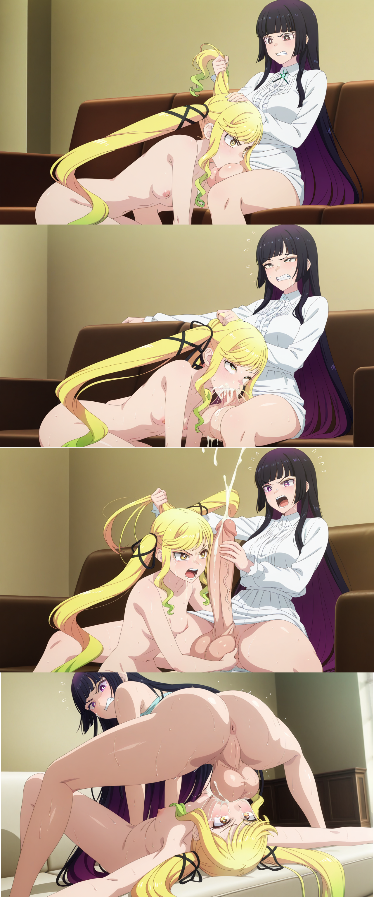1futa, 1girls, ahe gao, ai generated, all the way to the base, angry, anus, arm support, balls, balls deep, big balls, big penis, black hair, blowjob, bottomless, breasts, clenched teeth, couch, cum, cum drip, cum in mouth, cumshot, deepthroat, erection, eyebrows, female, futa on female, futanari, hair grab, hair ornament, huge balls, huge cock, intersex, multiple images, nude, nude female, otoha kurogane, penis, purple hair, raised eyebrow, rock wa lady no tashinami deshite, rolling eyes, screaming, sitting, squatting, suzunomiya lilisa, sweat, sweatdrop, sword swallowing position, throat fuck, throat swabbing, two-tone hair, upside-down, veiny penis, yellow hair