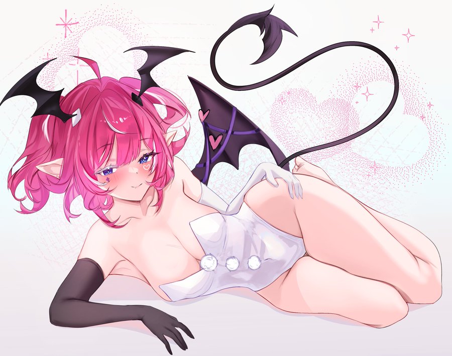 2d, artist request, ass, bare ass, bare chest, bare hips, bare legs, bare shoulders, bare skin, bare thighs, barefoot, big ass, big breasts, black armwear, blush, blushing, breasts, camila (vtuber), collarbone, demon, demon girl, demon tail, demon wings, female, navel, pigtails, pink hair, playboy bunny, purple eyes, sharp ears, short hair, tagme, thigh gap, twintails, twitch, virtual youtuber, vtuber, white armwear, white highlights, wings on head