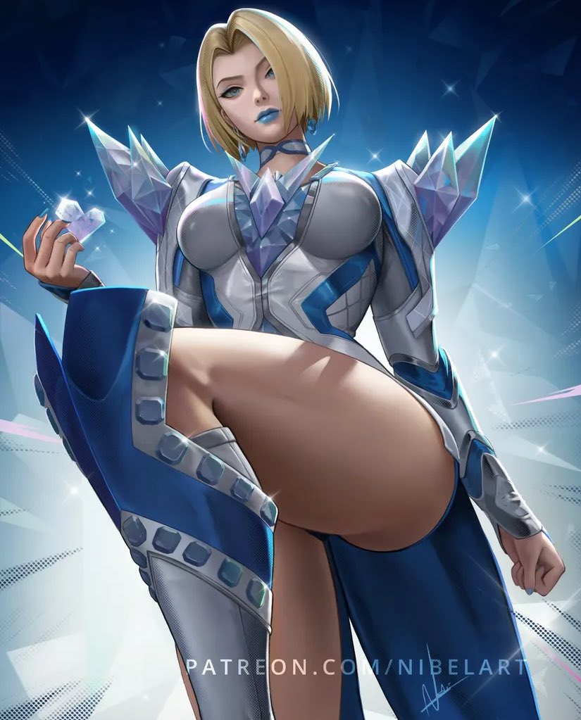 bad quality, below view, blonde eyebrows, blonde female, blonde hair, blue background, blue earrings, blue eyes, blue fingernails, blue lipstick, blue nails, bob cut, boots, breasts, choker, closed mouth, earrings, emma frost, emma frost (marvel rivals), emotionless, expressionless, eyebrows, eyelashes, female, fist, gradient background, hair behind ear, knee boots, large breasts, leg up, legs, light skin, light-skinned female, looking at viewer, looking down, low res, low-angle view, lowres, marvel, marvel comics, marvel rivals, mature, mature female, medium breasts, medium hair, milf, nibelart, one leg bent, one leg raised, one leg up, pale skin, pale-skinned female, standing, standing on one leg, thick legs, thick thighs, thighs, viewed from below, wide hips, x-men