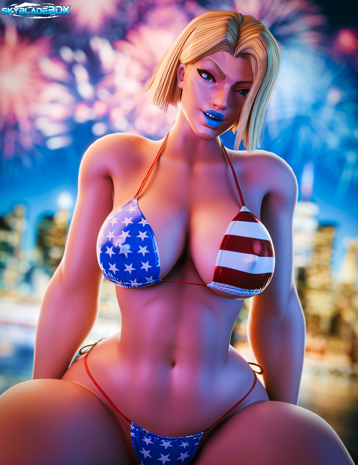 1girls, 3d, 3d model, 4th of july, american flag bikini, belly button, big breasts, bikini, blonde eyebrows, blonde female, blonde hair, blue eyes, blue lipstick, blurry background, bob cut, breasts, bulge, curvy, emma frost, emma frost (marvel rivals), eyebrows, eyelashes, female, flag bikini, hair behind ear, hips, hourglass figure, huge breasts, large breasts, light skin, light-skinned female, looking at viewer, marvel, marvel comics, marvel rivals, mature, mature female, medium hair, milf, nipple bulge, signature, sitting, skyblade3dx, slightly open mouth, small waist, smile, smiling, smiling at viewer, teeth, text, thin waist, wide hips, x-men