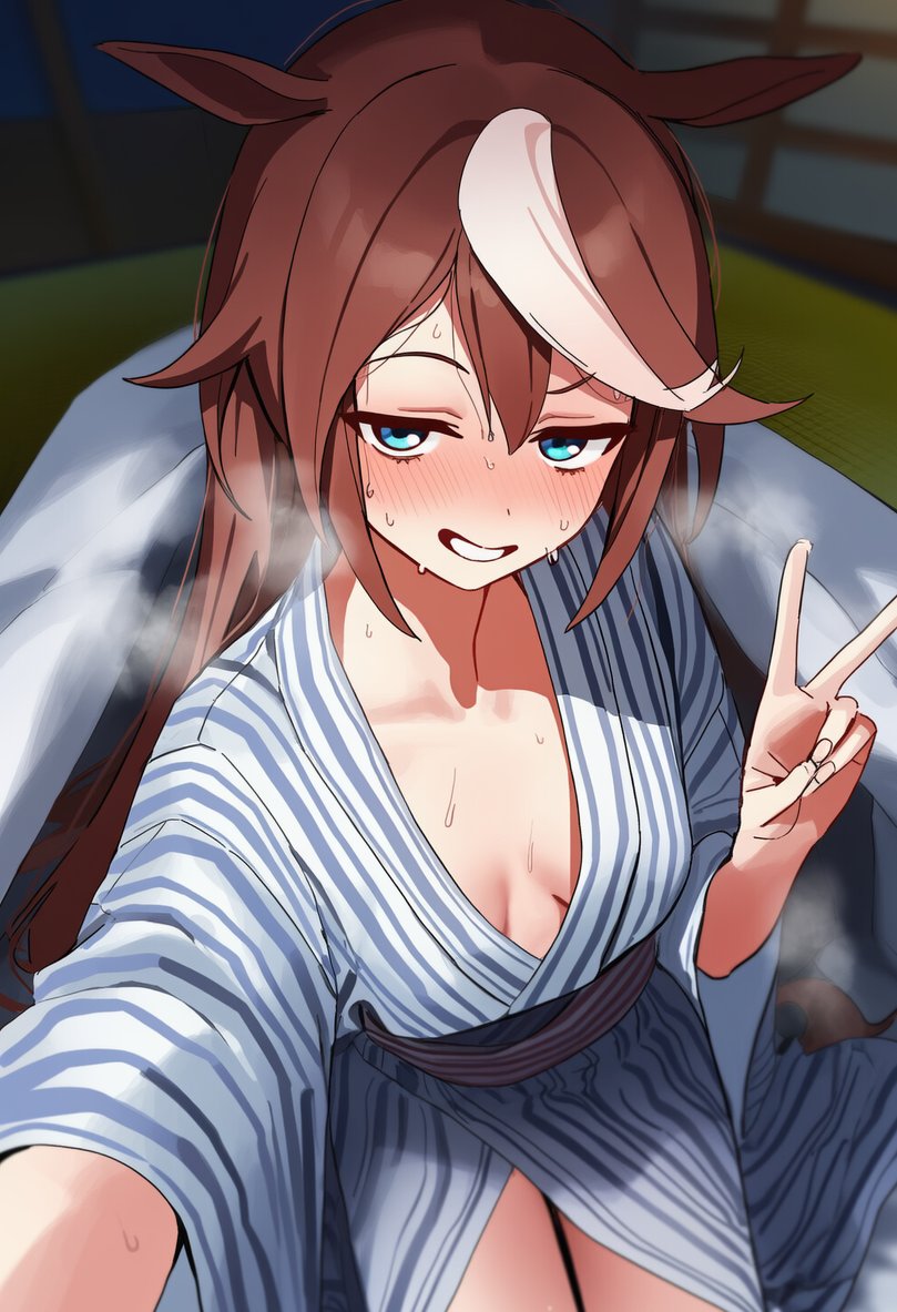 blush, brown hair, female, horny female, light blue eyes, onsen, peace sign, small breasts, tokai teio (umamusume), umamusume, umamusume pretty derby