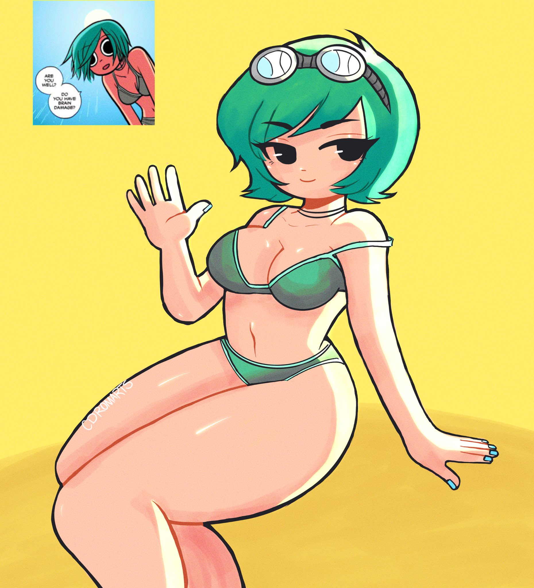 1girls, bikini, breasts, busty, cdromarts, female, goggles on head, green bikini, green hair, light skin, light-skinned female, ramona flowers, scott pilgrim, sitting, swimsuit, waving