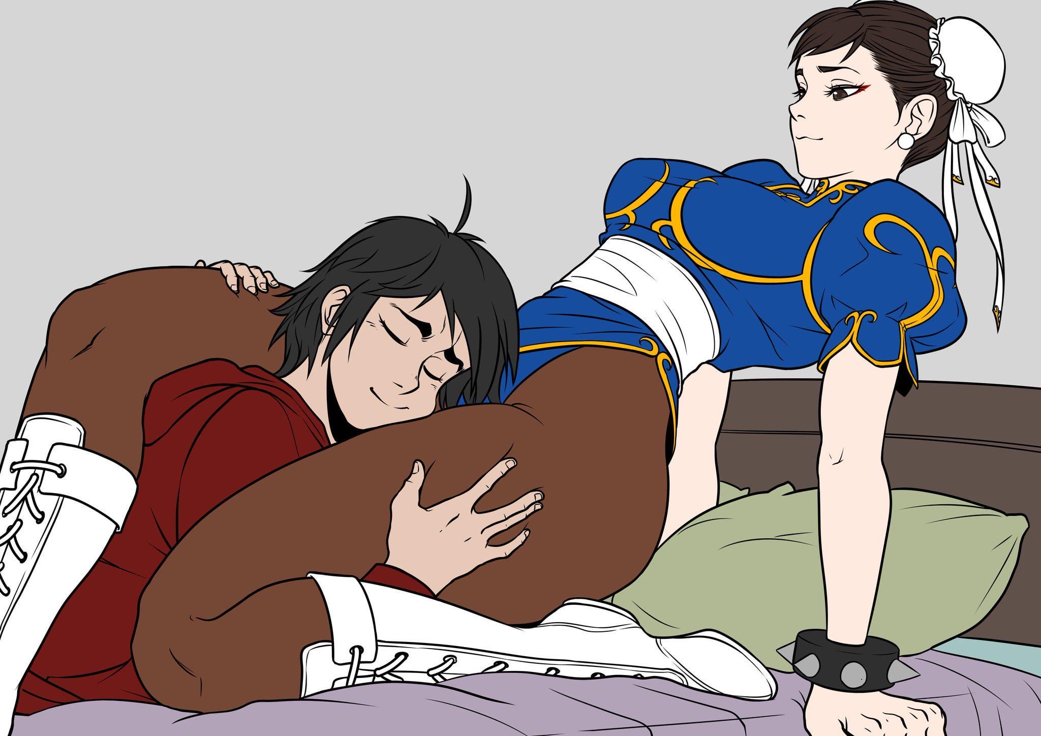 1boy, 1girls, between thighs, big breasts, black hair, boots, breasts, character request, chun-li, clothed, clothed female, clothed male, female, leggings, male, shukeiart, soft thighs, street fighter, thick thighs, tight clothing
