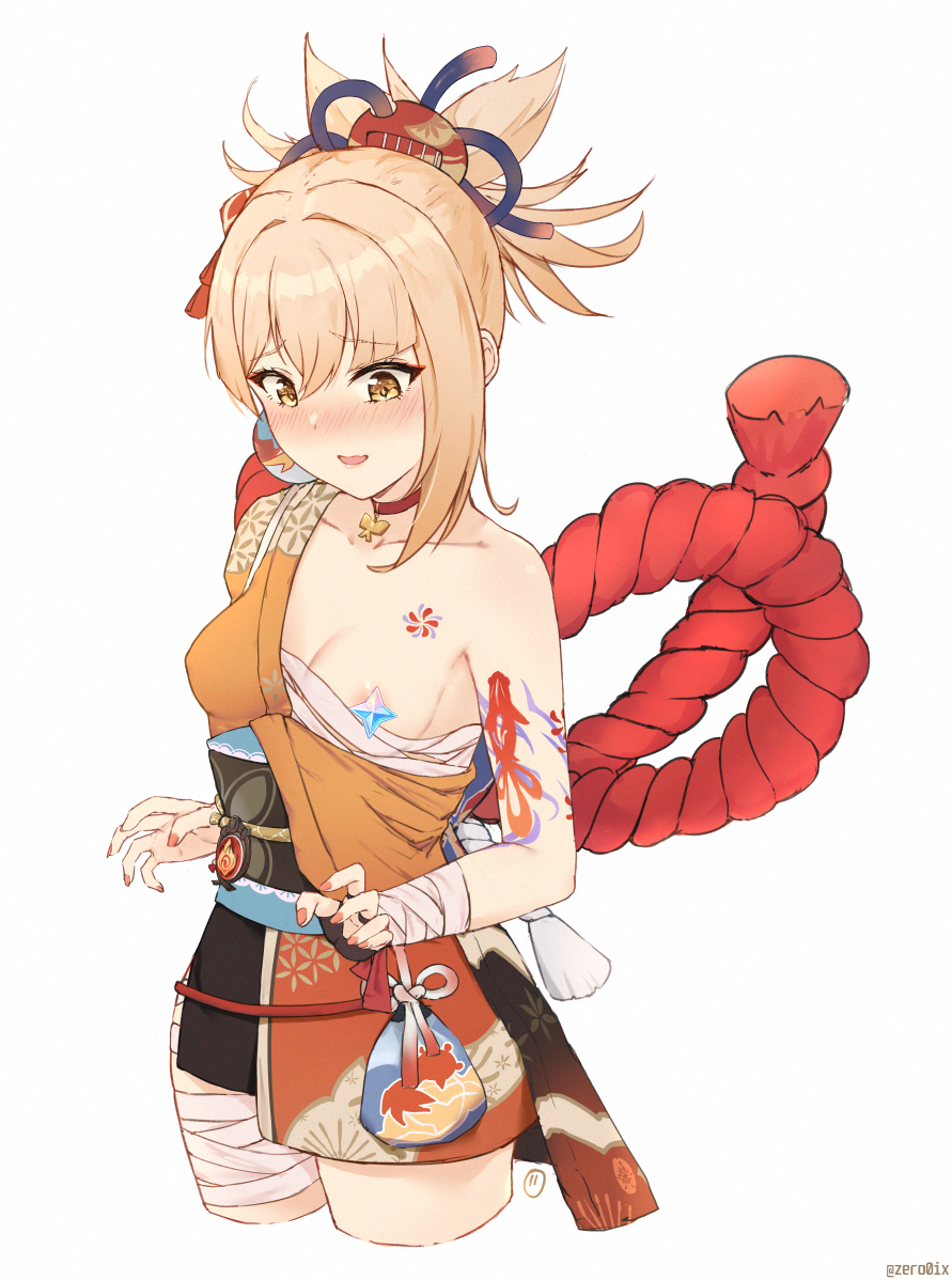 1girls areola_slip bandage blonde_hair blush censored choker cute embarrassed fully_clothed genshin_impact japanese_clothes kimono nipple_slip nipples primogem sarashi small_breasts smile tattoo wardrobe_malfunction yoimiya_(genshin_impact)