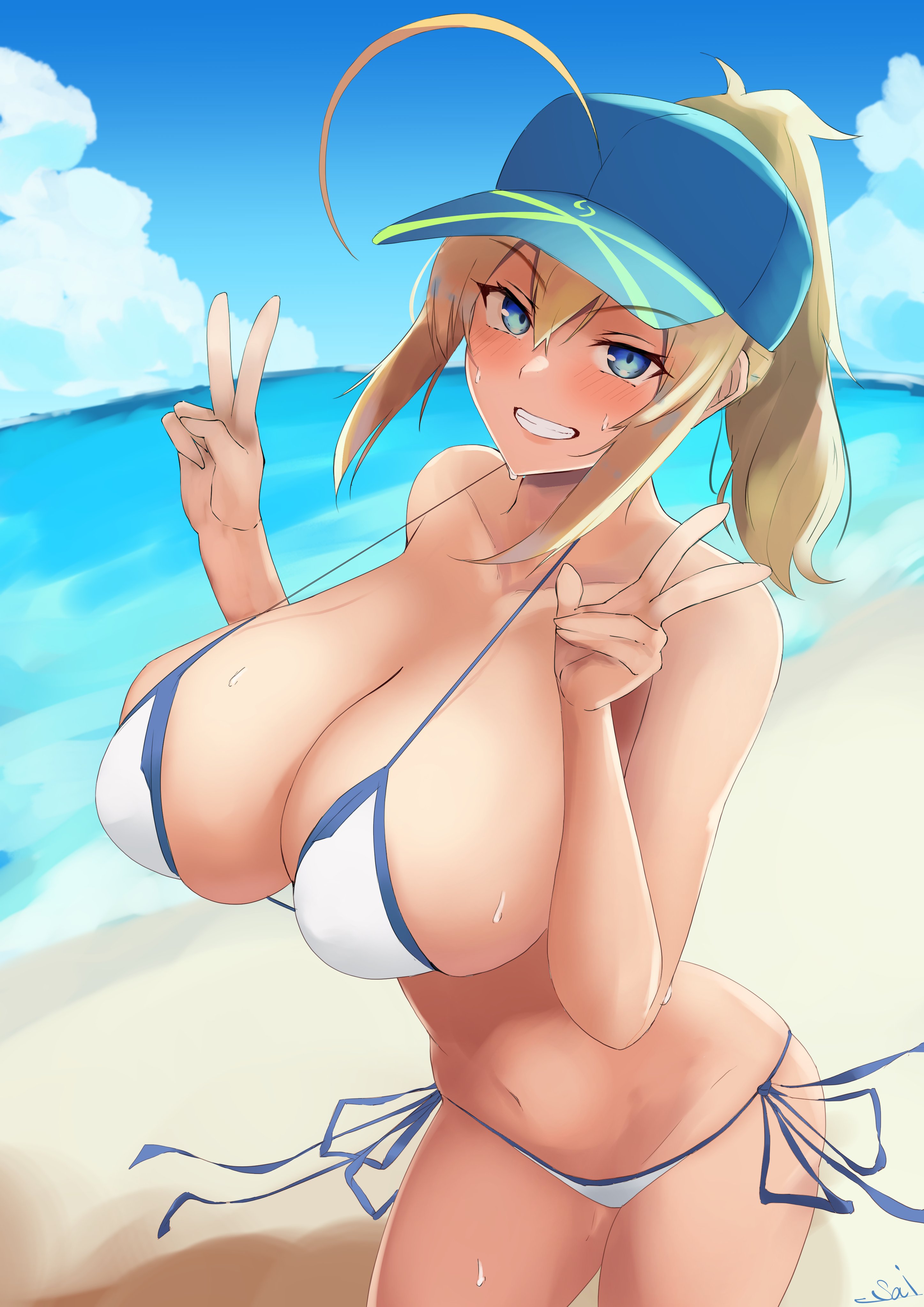 1girls, 2021, ahoge, artoria pendragon, aya (user ddya7452), bangs, barely contained, beach, belly button, big breasts, bikini, blonde hair, blue eyes, blue sky, blush, breasts, cleavage, detailed background, double peace sign, double v, eyebrows visible through hair, fate (series), fate/grand order, female, female focus, female only, hair between eyes, hi res, hips, huge breasts, large breasts, looking at viewer, medium hair, micro bikini, mysterious heroine xx (foreigner), outdoors, peace sign, ponytail, side tie bikini, sideboob, smile, smiling, smiling at viewer, standing, sweat, thick thighs, thighs, v, water, white bikini, wide hips