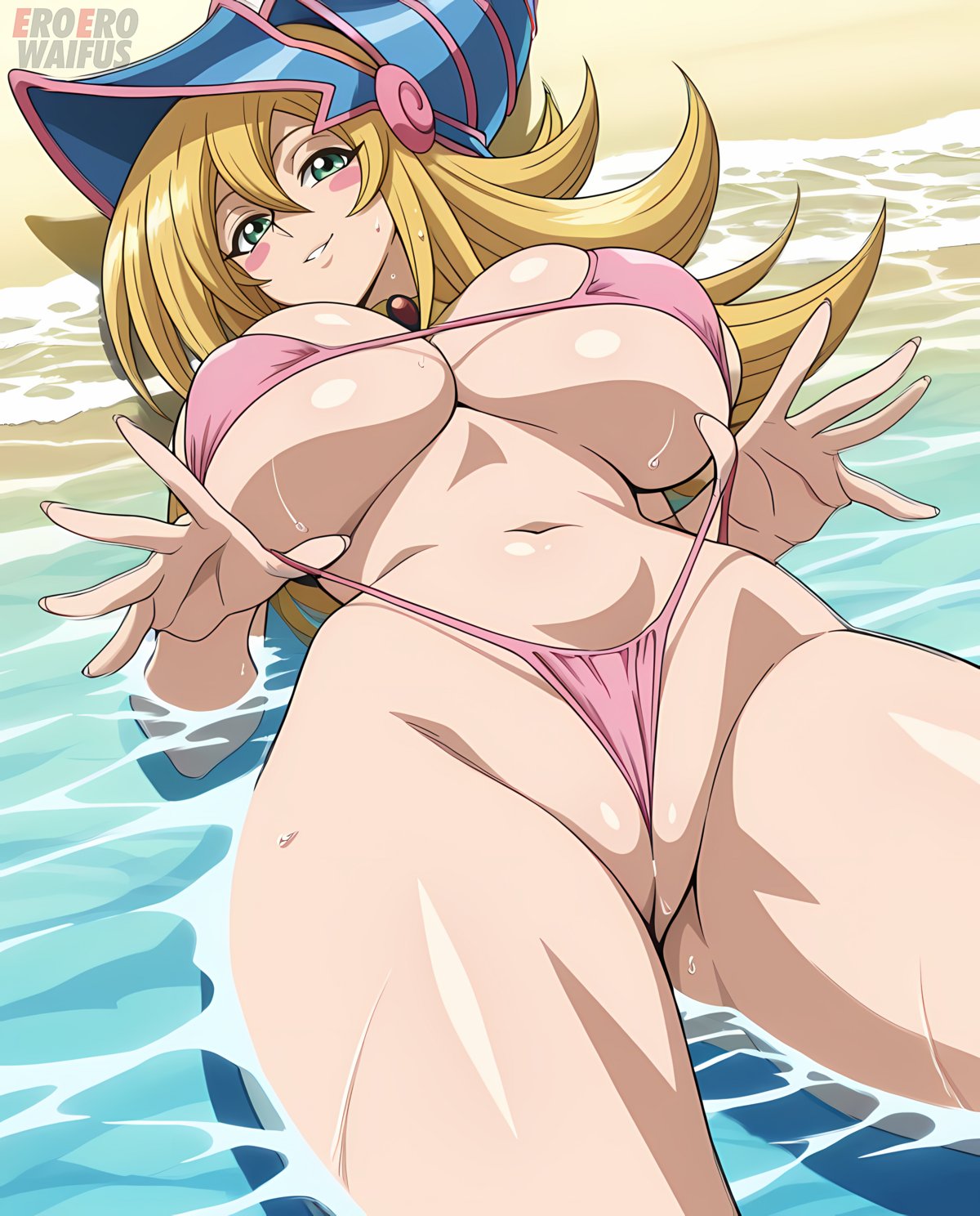 1girls, ai generated, aianimeparadise, ass, ass visible through thighs, beach, big breasts, bikini, bikini bottom pull, bikini pull, blonde hair, blush, blush stickers, blushing female, breasts, choker, clouds, dark magician girl, eroero waifus, female, female only, green eyes, jpg, large breasts, laying down, laying on back, looking at viewer, micro bikini, pink bikini, pink micro bikini, pink swimsuit, pink thong, pink thong bikini, sea, seaside, seductive, seductive body, seductive eyes, seductive gaze, seductive look, seductive smile, smile, smiling at viewer, solo, solo female, swimsuit, tagme, thong, thong bikini, twitter link, underboob, wet, wet body, yu-gi-oh!