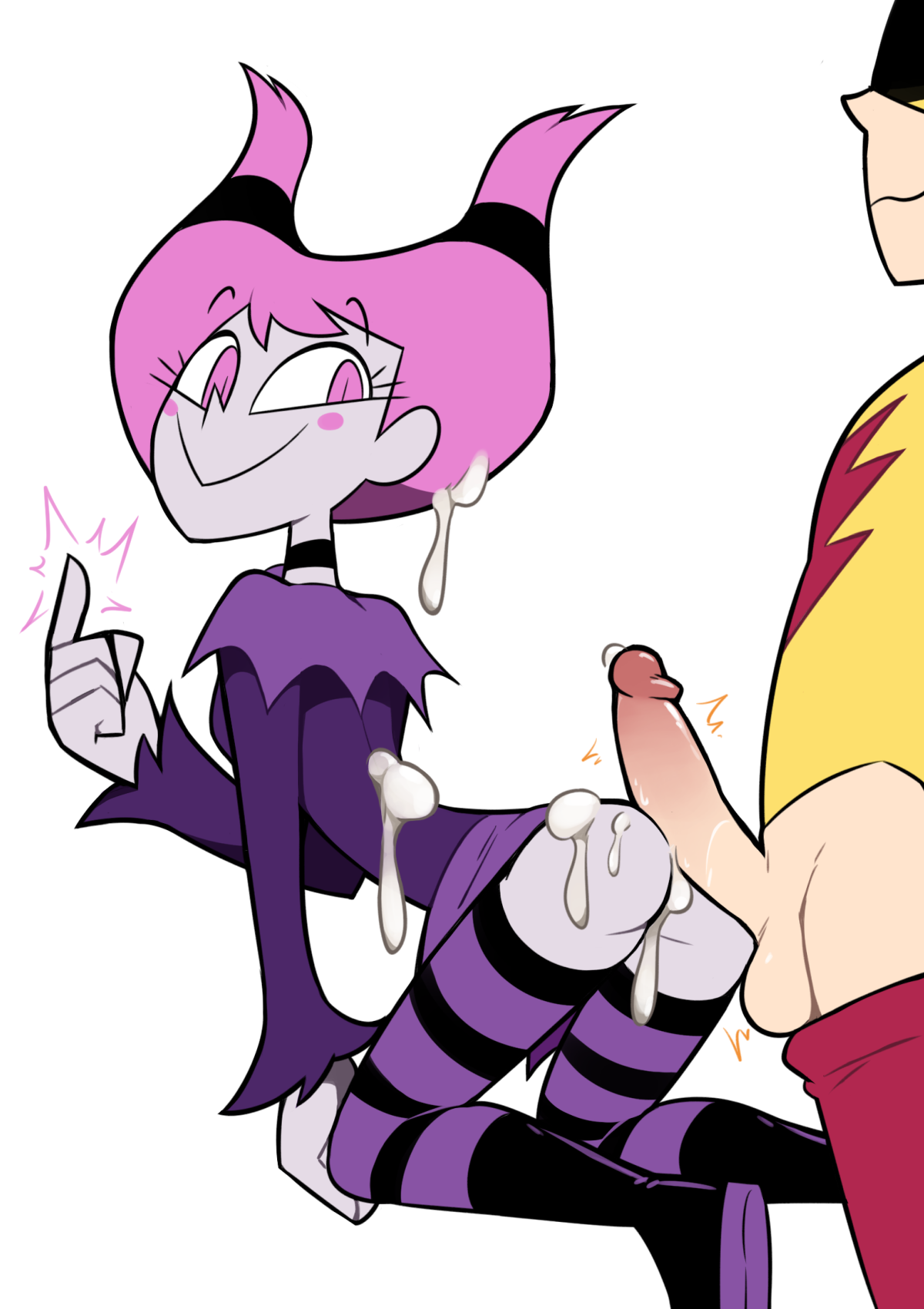 1boy, 1girls, after sex, canon couple, cum, cum in pussy, cum on body, cum on hair, dc, dc comics, doggy style, faceless male, female, goth, grey skin, jinx (dc), kid flash, male, male/female, miscon, penis, penis on ass, pink eyes, pink hair, pussy, striped legwear, teen titans, twintails, warner brothers