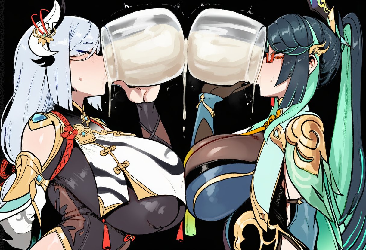ai generated, big breasts, breasts bigger than head, competition, cum in glass, drinking cum, female, genshin impact, glasses, green hair, hard nipples, hnakano88929, nipples visible through clothing, shenhe (genshin impact), thick breasts, white hair, xianyun (genshin impact)