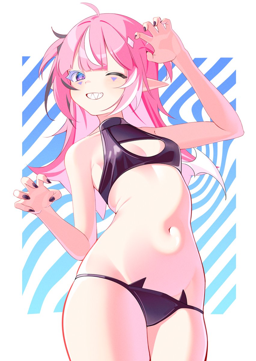 1girls, 2d, artist request, bare arms, bare ass, bare chest, bare hands, bare hips, bare legs, bare midriff, bare navel, bare shoulders, bare skin, bare thighs, black bra, black highlights, black nails, black underwear, blush, breasts, camila (vtuber), demon, demon girl, demon tail, demon wing, female, hair ornament, long hair, navel, pigtails, pink hair, pink nails, purple eyes, sharp ears, sharp teeth, small breasts, tagme, twintails, twitch, virtual youtuber, vtuber, white highlights