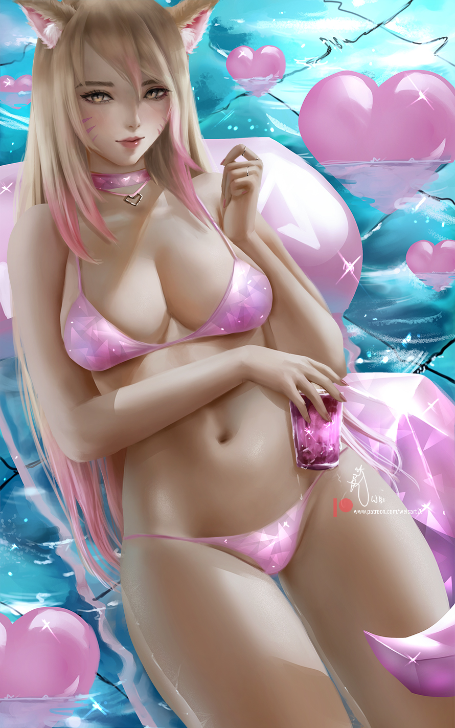 1girls 2021 ahri belly_button bikini blonde_hair blush blushing_at_viewer breasts choker detailed_background drink drink_in_hand facial_markings female female_focus female_only floating_heart fluffy_ears fox_ears fox_girl fox_tail glass heart heart_choker highlights hips holding_object k/da_ahri k/da_series kitsune large_breasts league_of_legends light_blush lips long_hair looking_at_viewer nail_polish painted_nails pendant pendant_choker pink_bikini pink_highlights pink_nails pink_tail pool riot_games slim_waist smile smiling swimming swimsuit tail thick_lips thick_thighs thigh_gap thighs water weisart wet wet_body wide_hips yellow_eyes