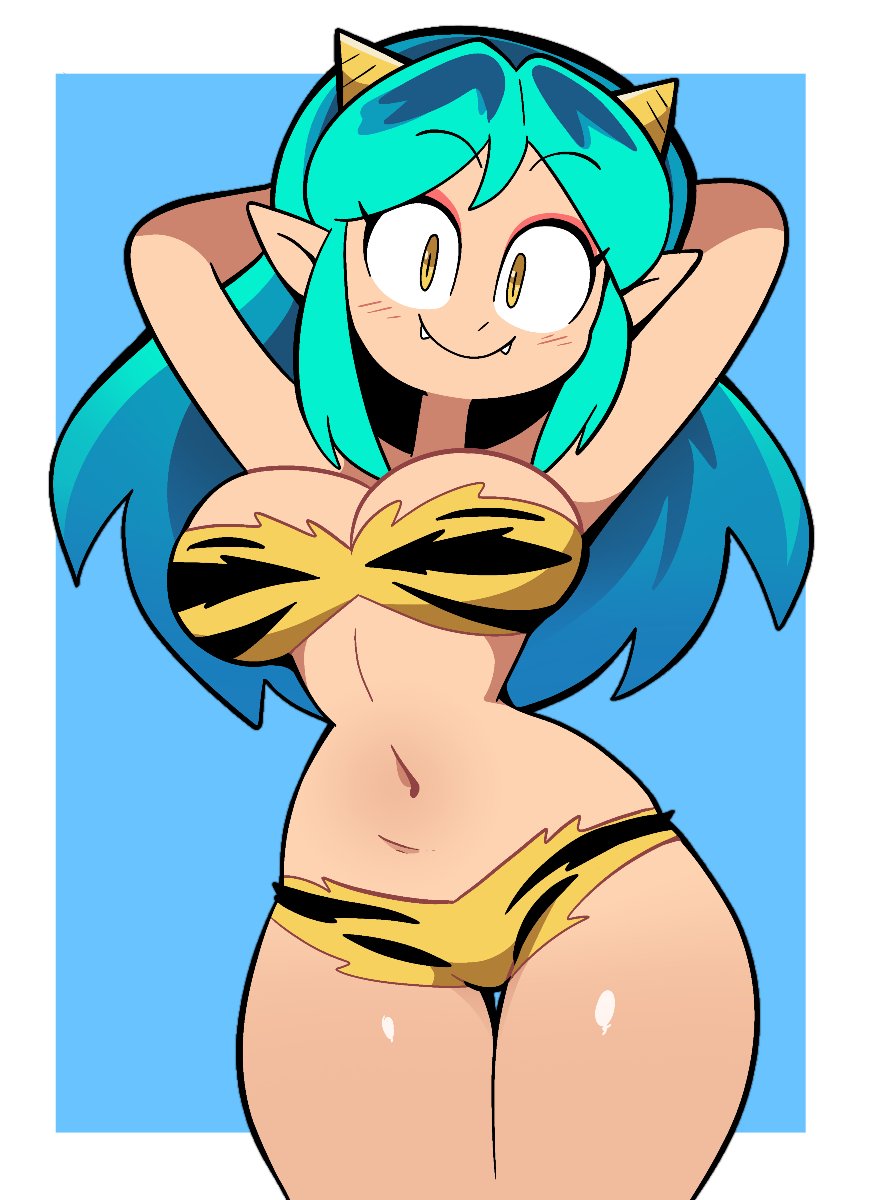 1girls, arms behind head, bikini, cute fangs, fangs, female, green hair, hips, horns, light skin, light-skinned female, lum, navel, pointy ears, scott falco, scottfalco (artist), small waist, thick thighs, thighs, tiger print, urusei yatsura, yellow eyes