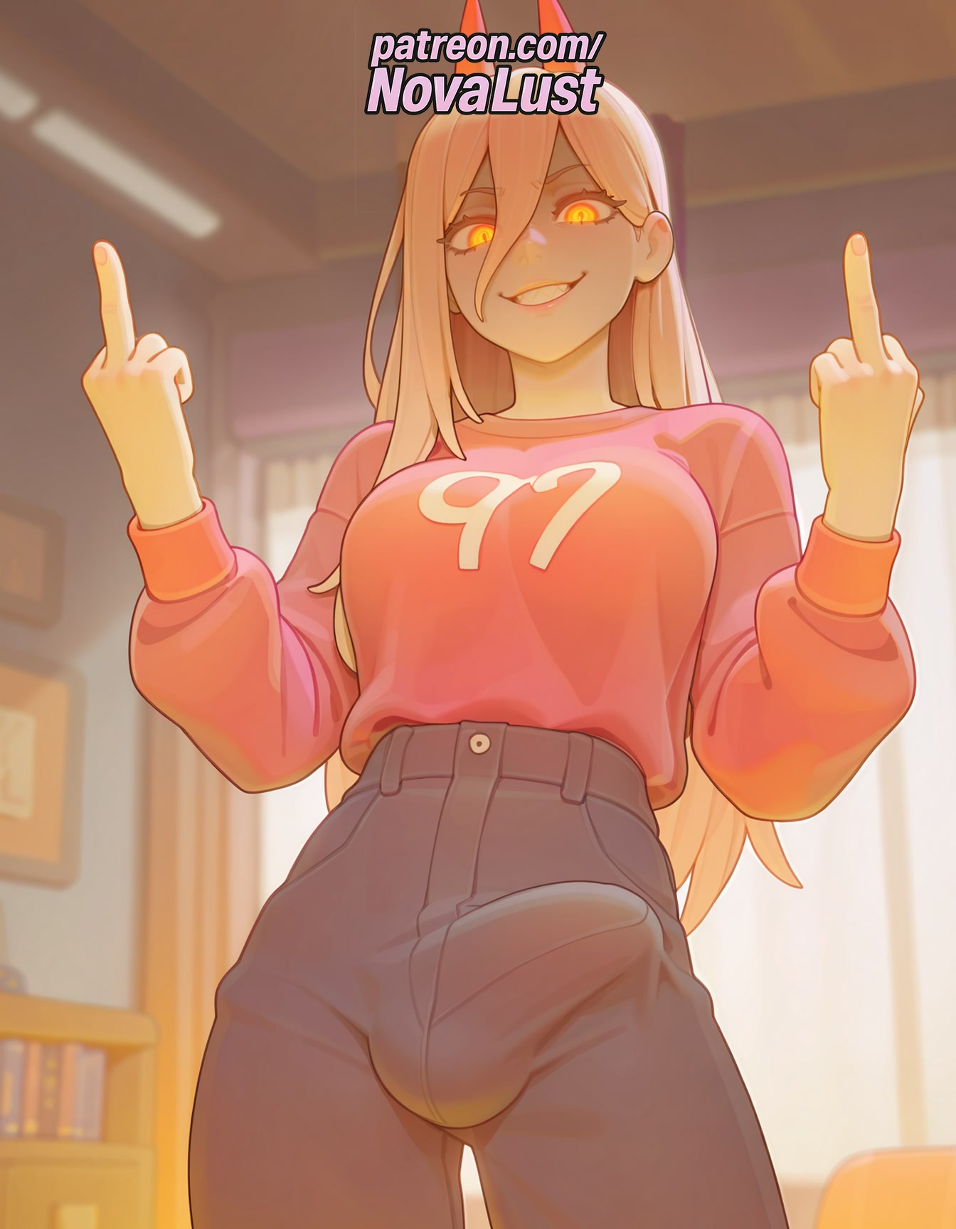 1futa 2025 \\\\m/ ai_generated artist_name blonde_hair breasts bulge bust chainsaw_man chest finger_gun futanari hi_res high_quality high_resolution highres index_finger_raised long_hair middle_finger mole_under_eye novalust patreon patreon_username pointing pointing_at_self pointing_at_viewer pointing_up power_(chainsaw_man) smile solo stable_diffusion thumbs_up watermark yellow_eyes